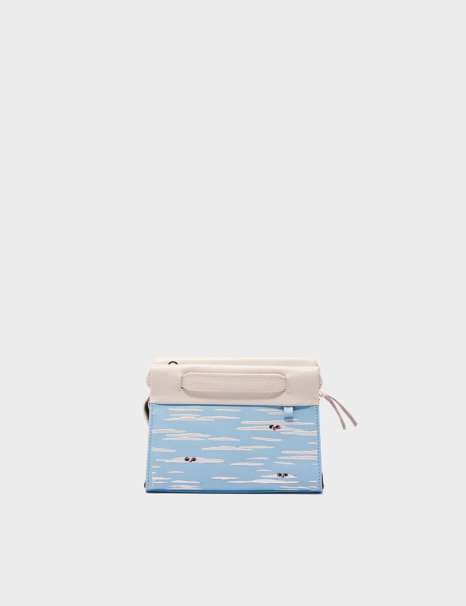Crossbody Micro Blue Leather Bag - Clouds Embroidery - Front