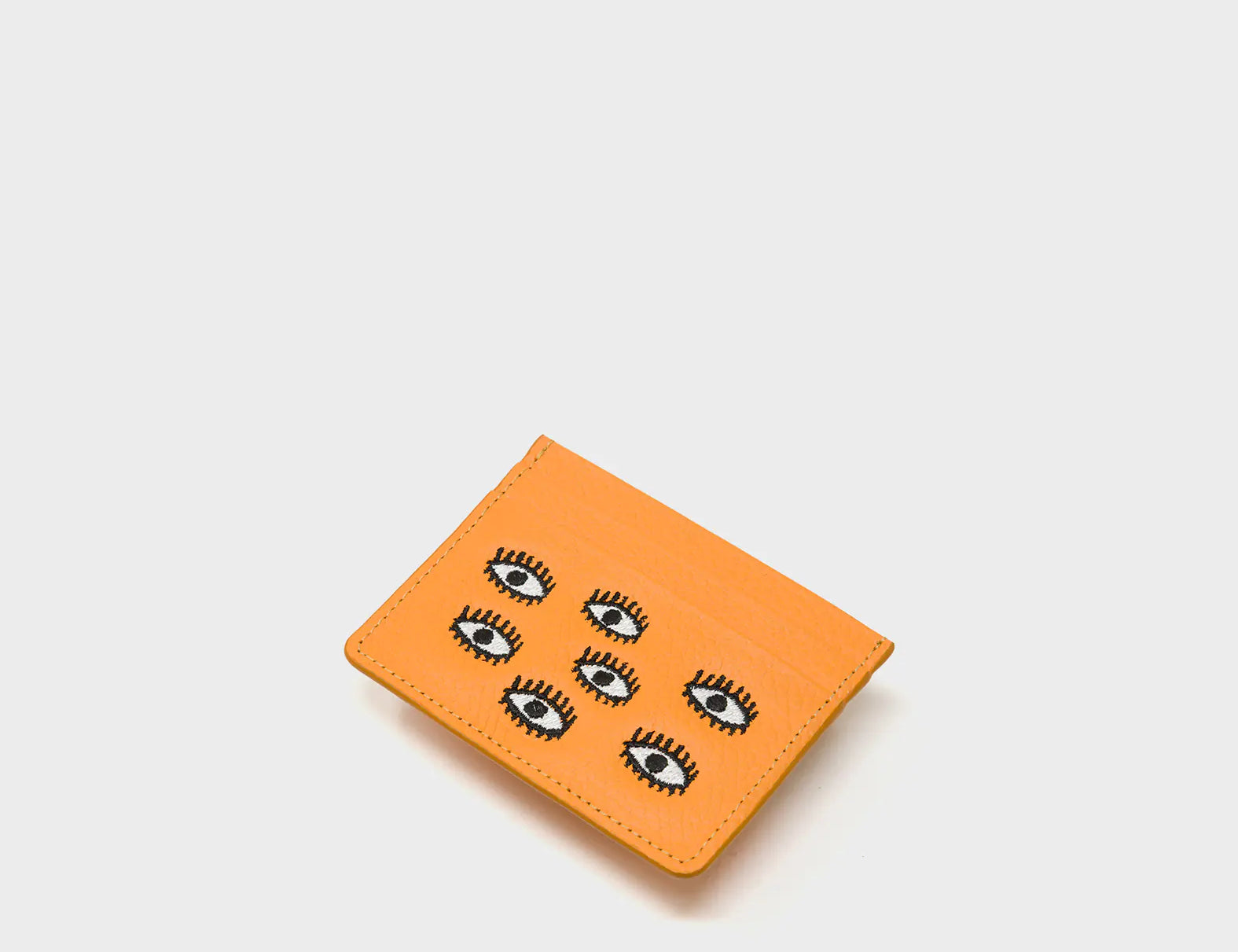 Filium Flamingo Orange Leather Cardholder - All Over Eyes Embroidery - Side View