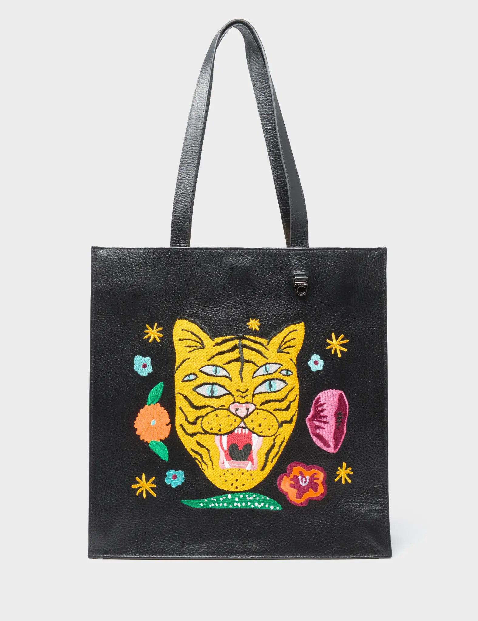 Marko Black Leather Tote Bag - Tiger and Flowers Embroidery - Front View