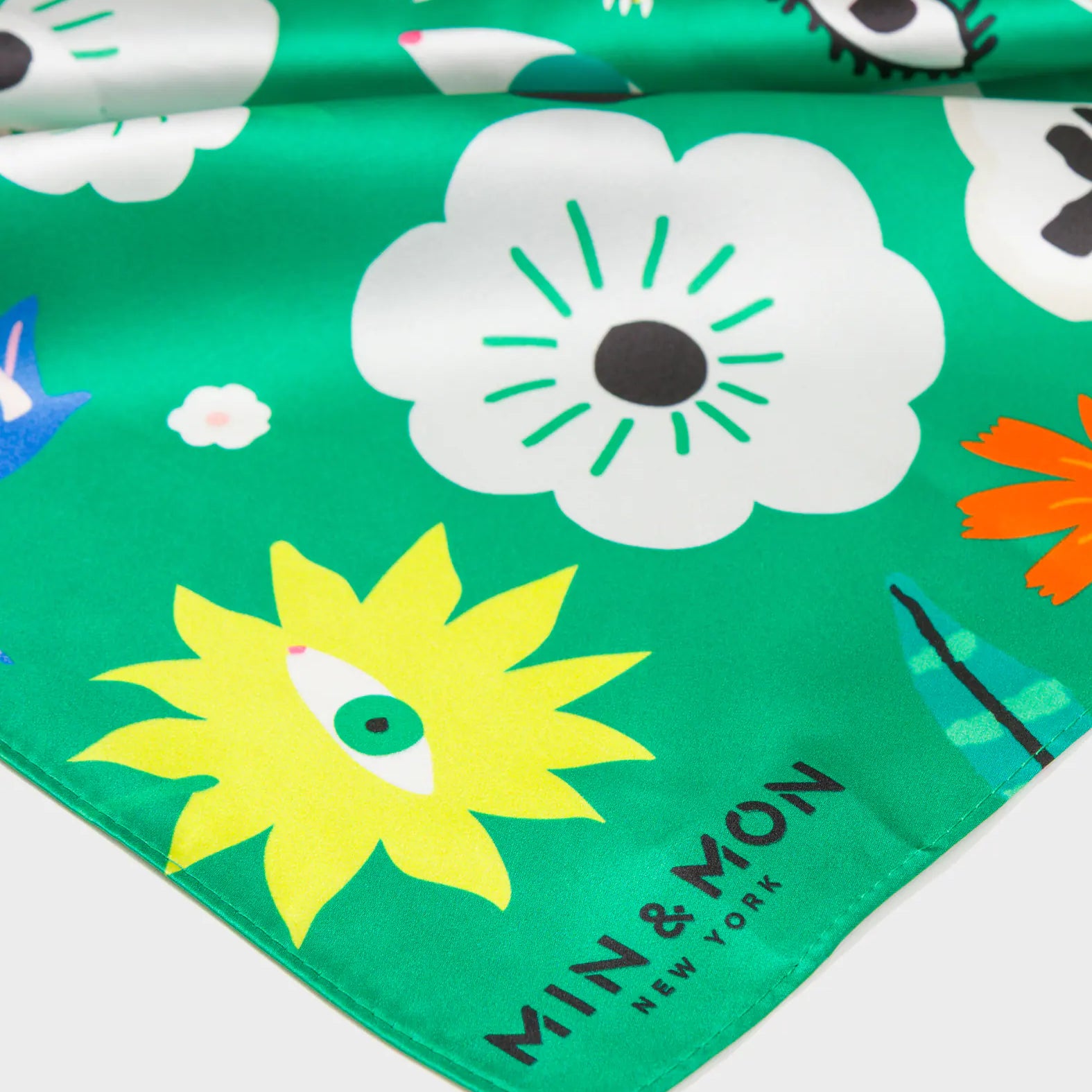 Green Silk Headscarf - Floral Fall - Detail View