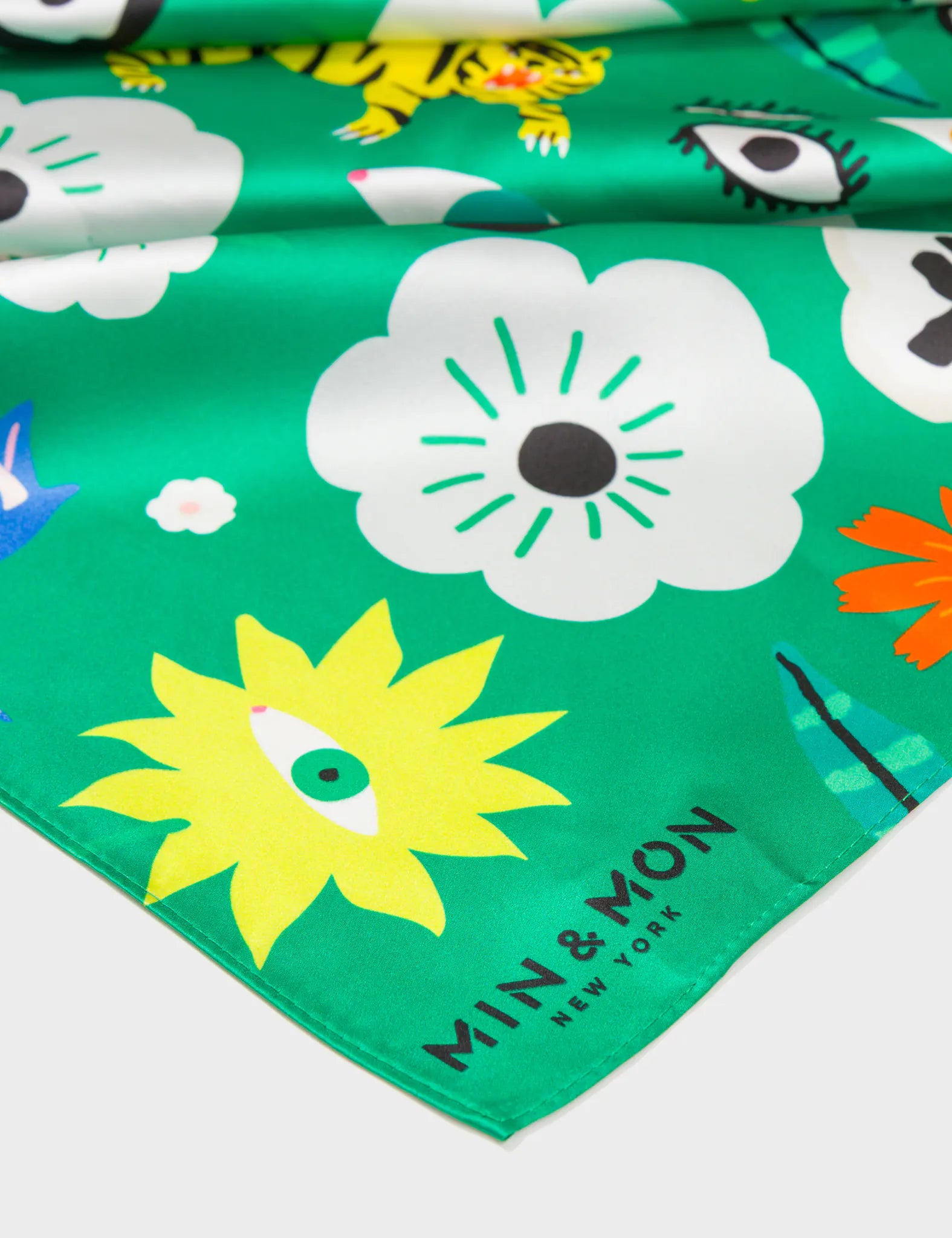 Green Silk Headscarf - Floral Fall - Detail View