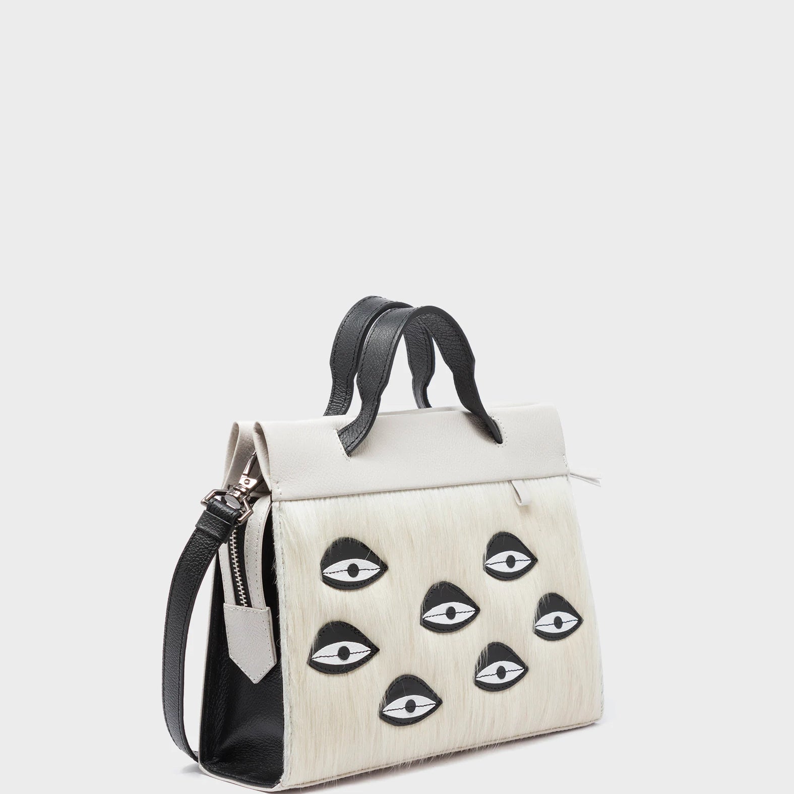 Vali Crossbody Small Cream Leather Bag - Eyes Applique Adjustable Handle - Handles