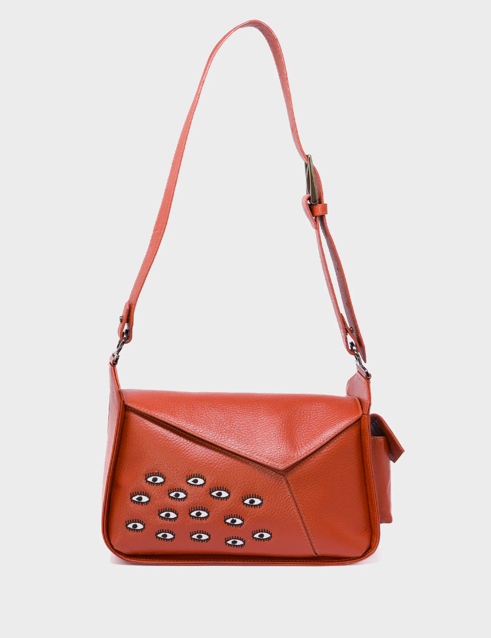 Houston Baked City Brown Leather Shoulder Bag - All Over Eyes Embroidery - Front View
