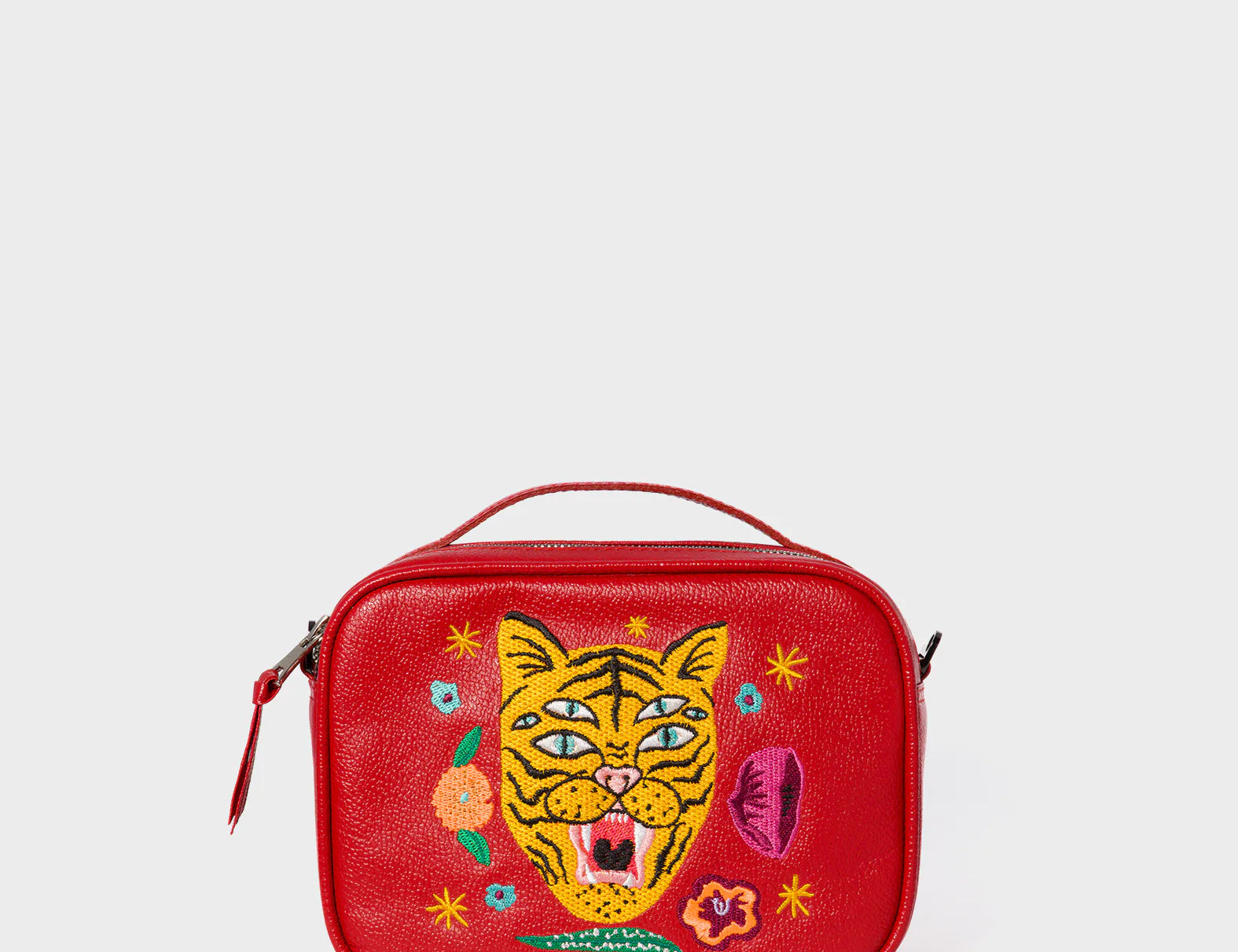 Verto Jester Red Leather Crossbody Bag - Happy Tiger Embroidery - Front View