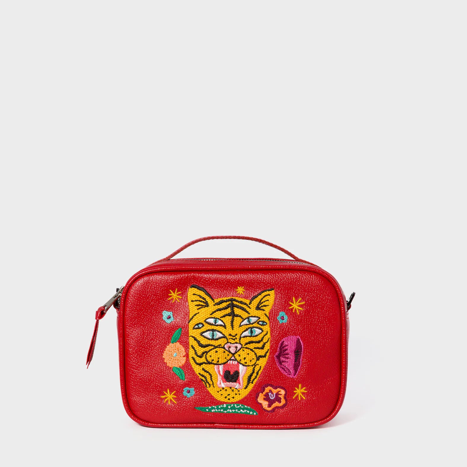 Verto Jester Red Leather Crossbody Bag - Happy Tiger Embroidery - Front View
