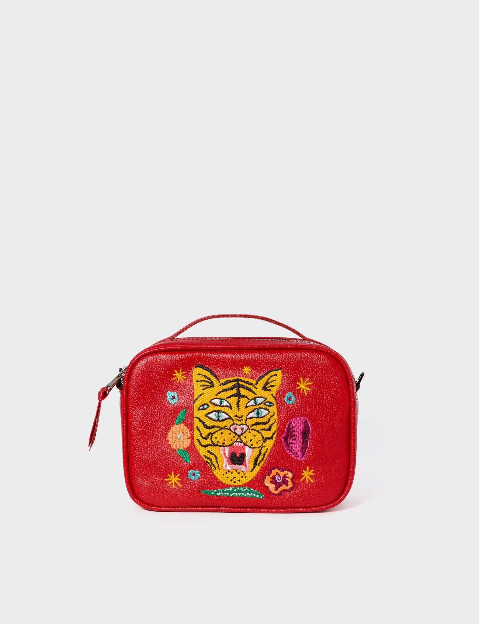 Verto Jester Red Leather Crossbody Bag - Happy Tiger Embroidery - Front View