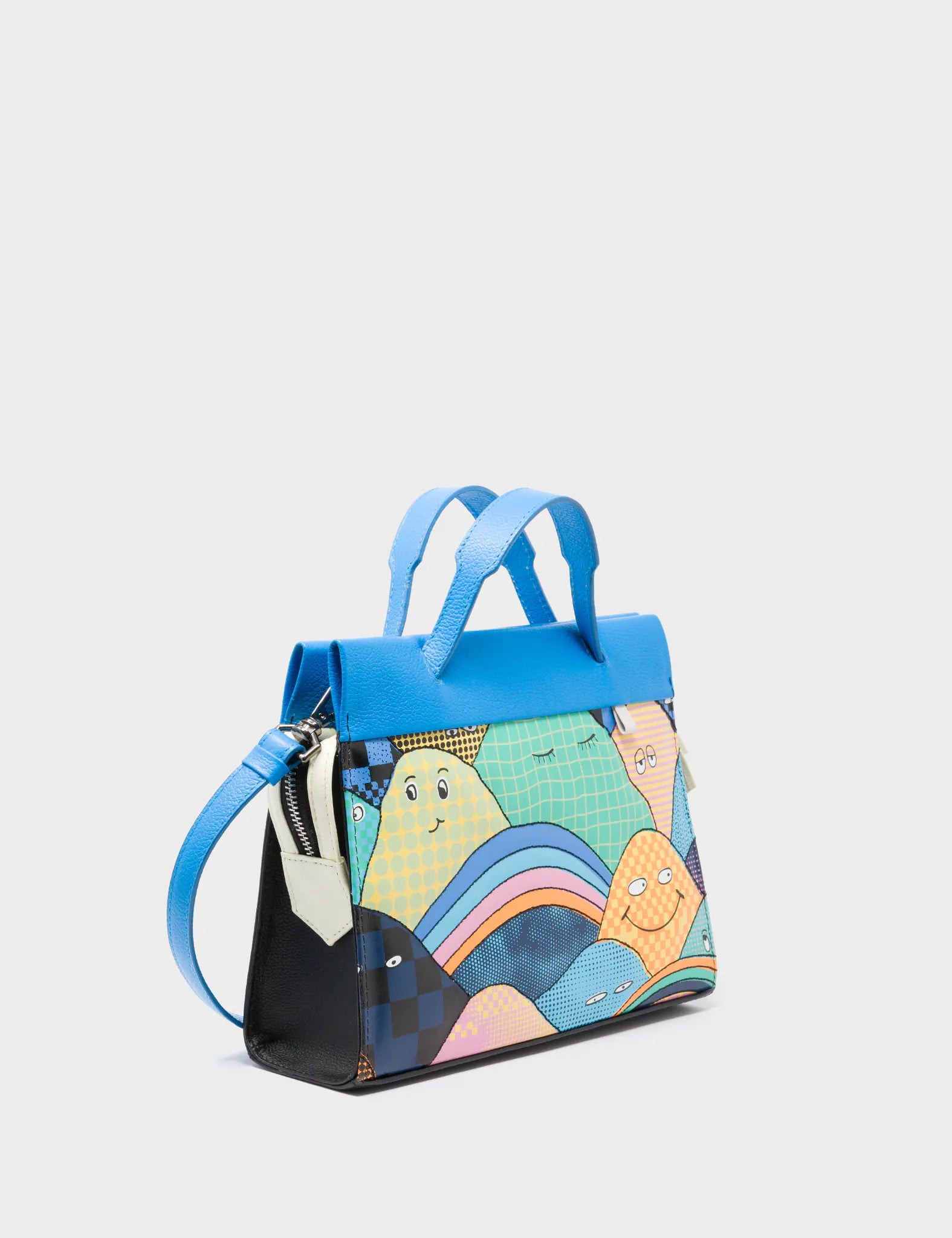 Vali Small Crossbody Ibiza Blue and Black Leather Bag - Happy Mountains Print - Handles View
