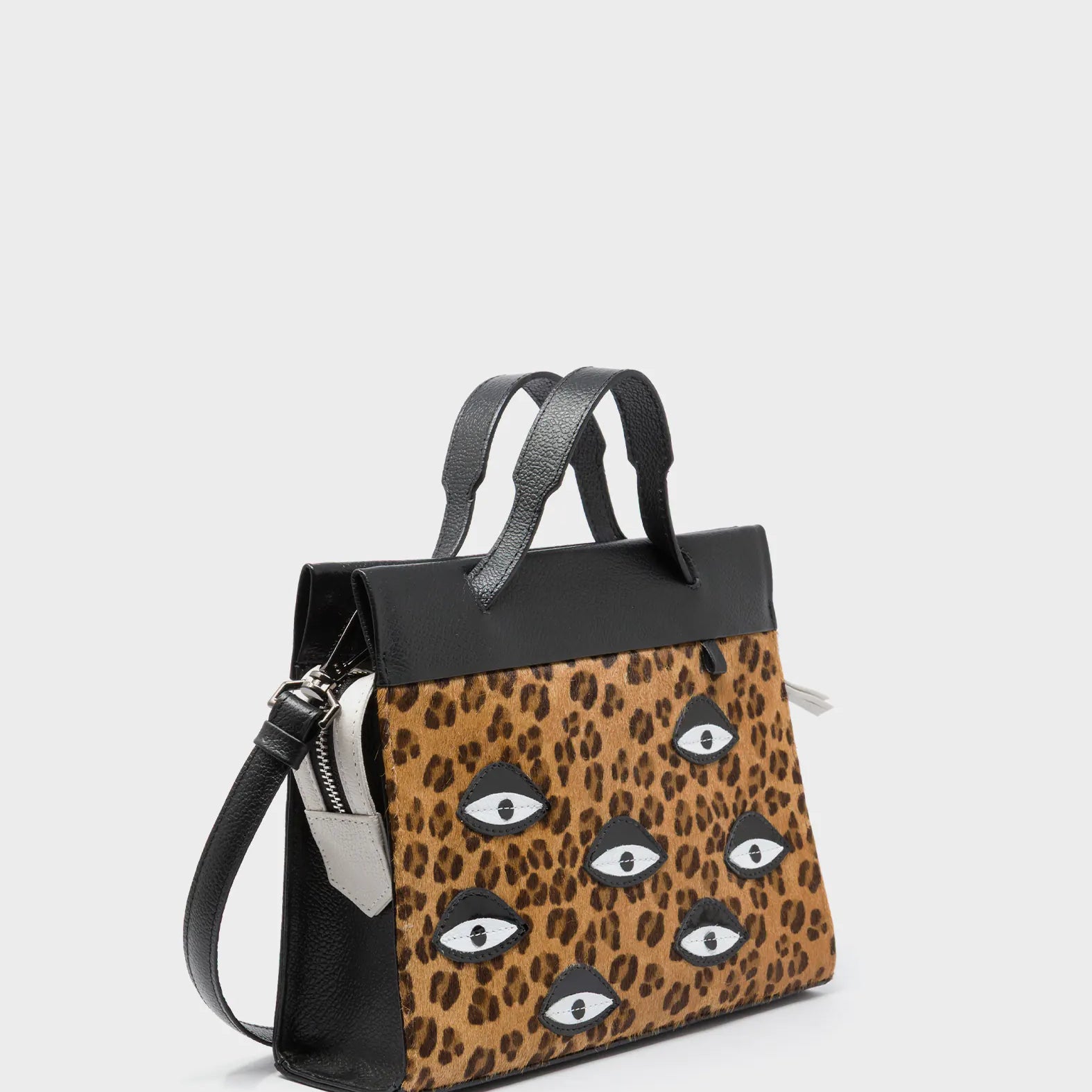 Vali Crossbody Small Animal Print Leather Bag - Eyes Applique Adjustable Handle - Handles Up