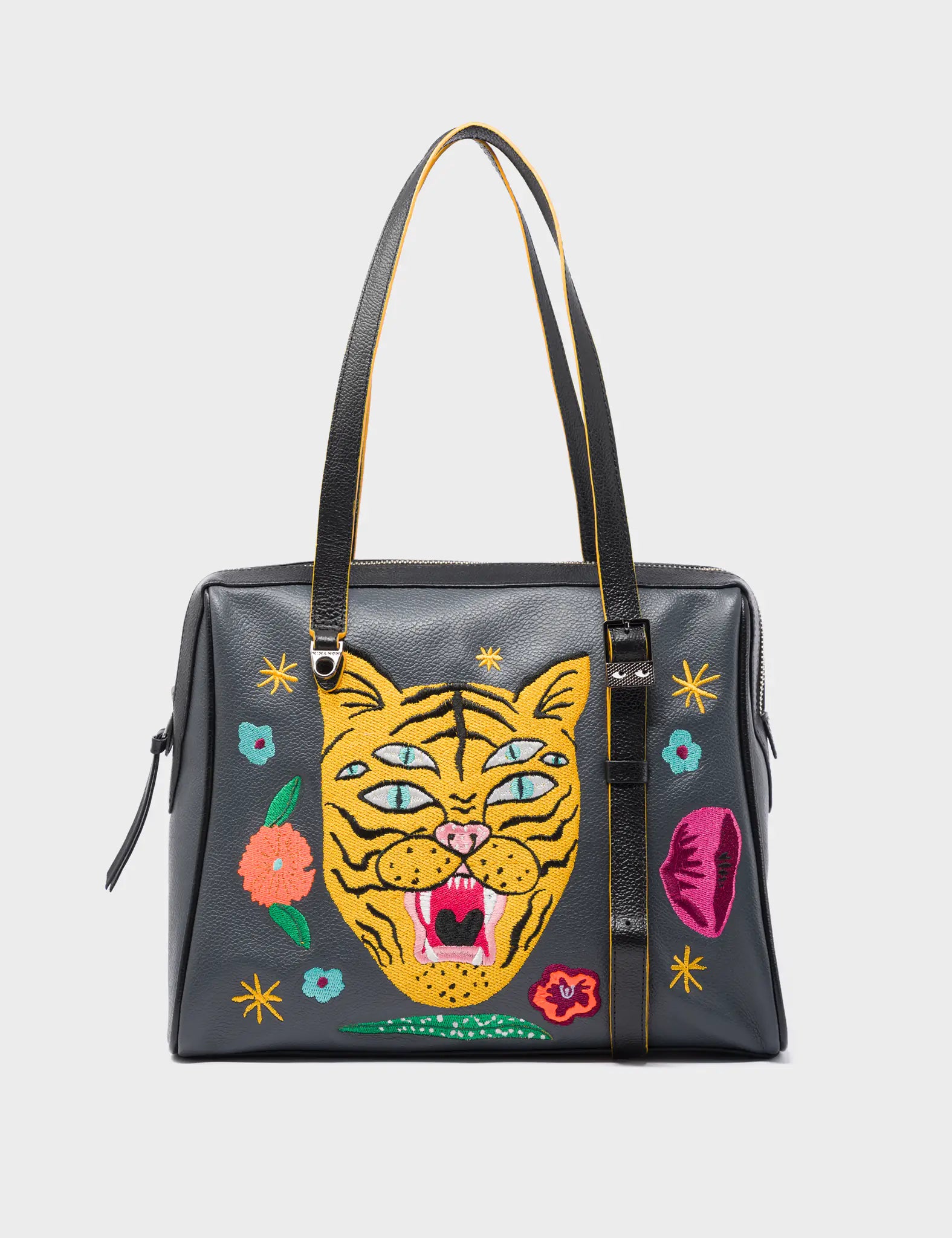 Esther Black Duffle Bag - Tiger and Flowers Embroidery - Front View