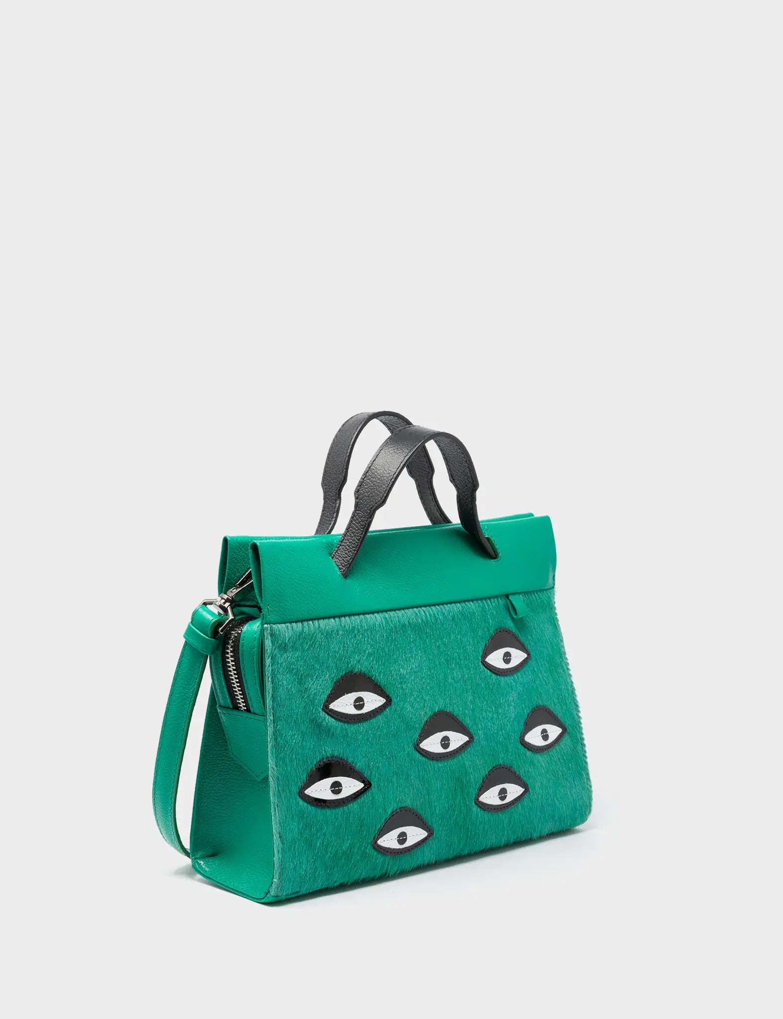 Vali Crossbody Small Deep Green Leather Bag - Eyes Applique Adjustable Handle - Handles View