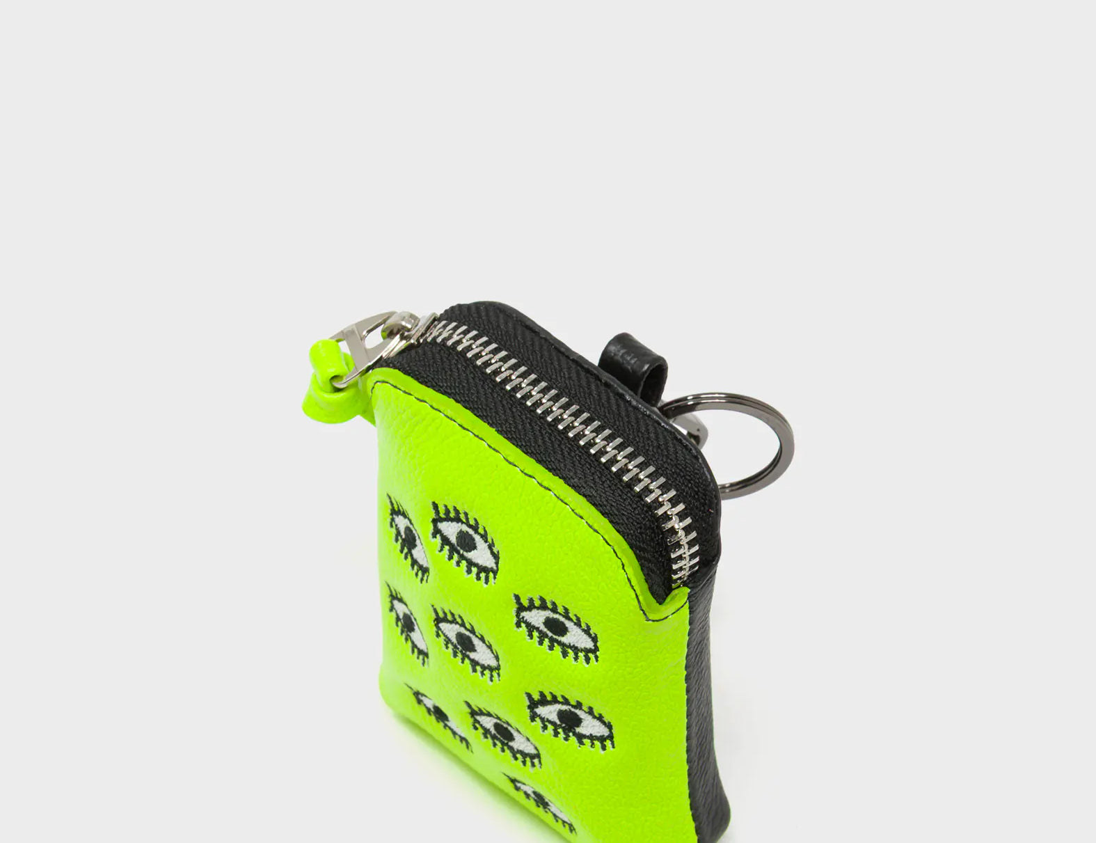 Florence Pouch Charm - Neon Lime Leather Keychain All Over Eyes Embroidery - Side view