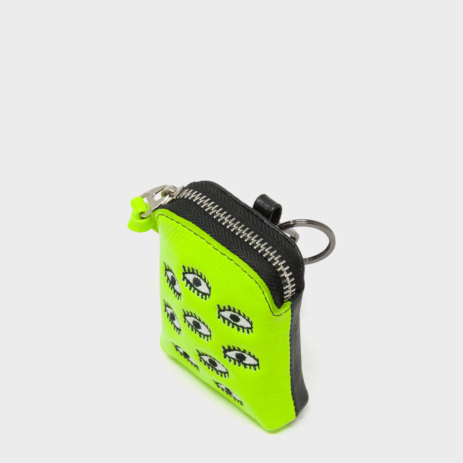 Florence Pouch Charm - Neon Lime Leather Keychain All Over Eyes Embroidery - Side view