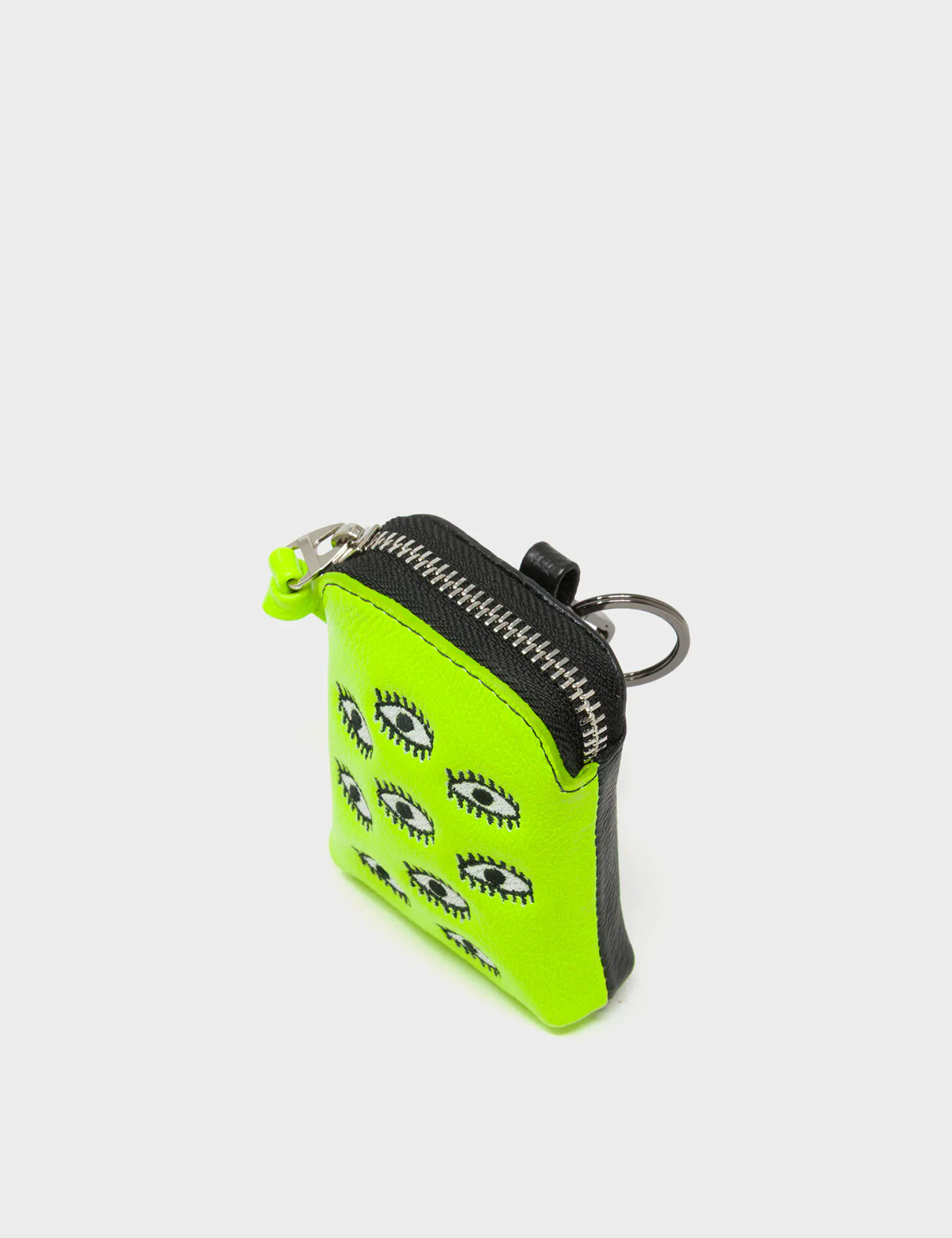 Florence Pouch Charm - Neon Lime Leather Keychain All Over Eyes Embroidery - Side view
