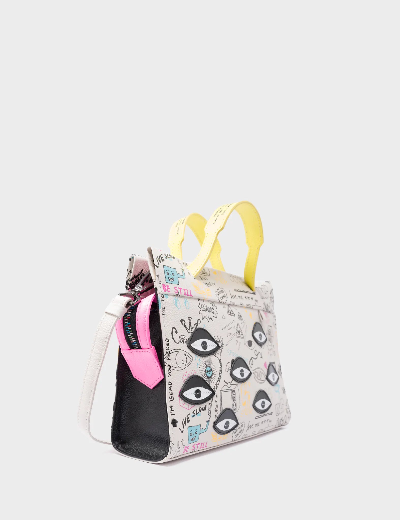 Vali Crossbody Small Cream Leather Bag - Urban Doodles Print and Eyes Applique - Side Corner View