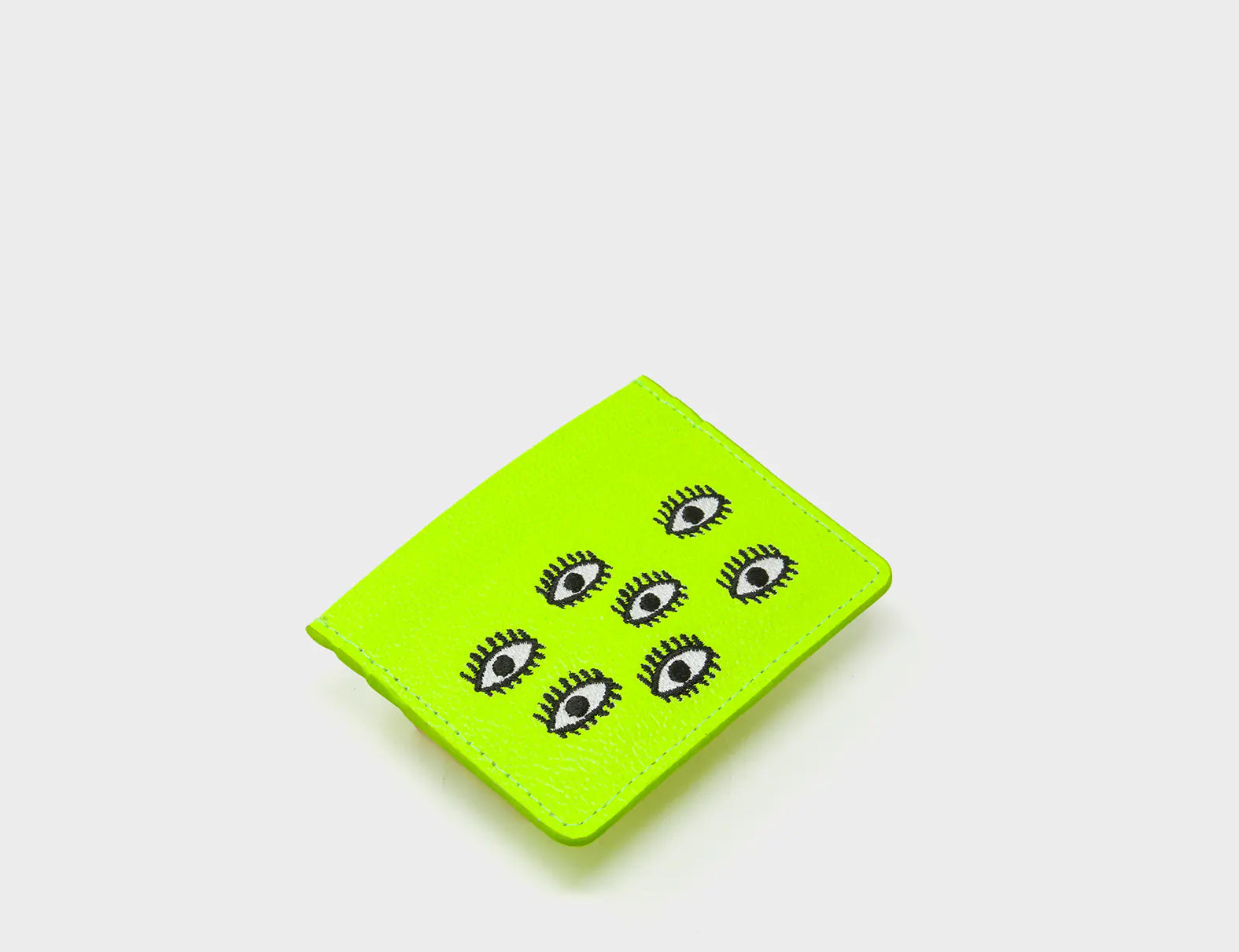 Filium Neon Lime Leather Cardholder - All Over Eyes Embroidery - Side view