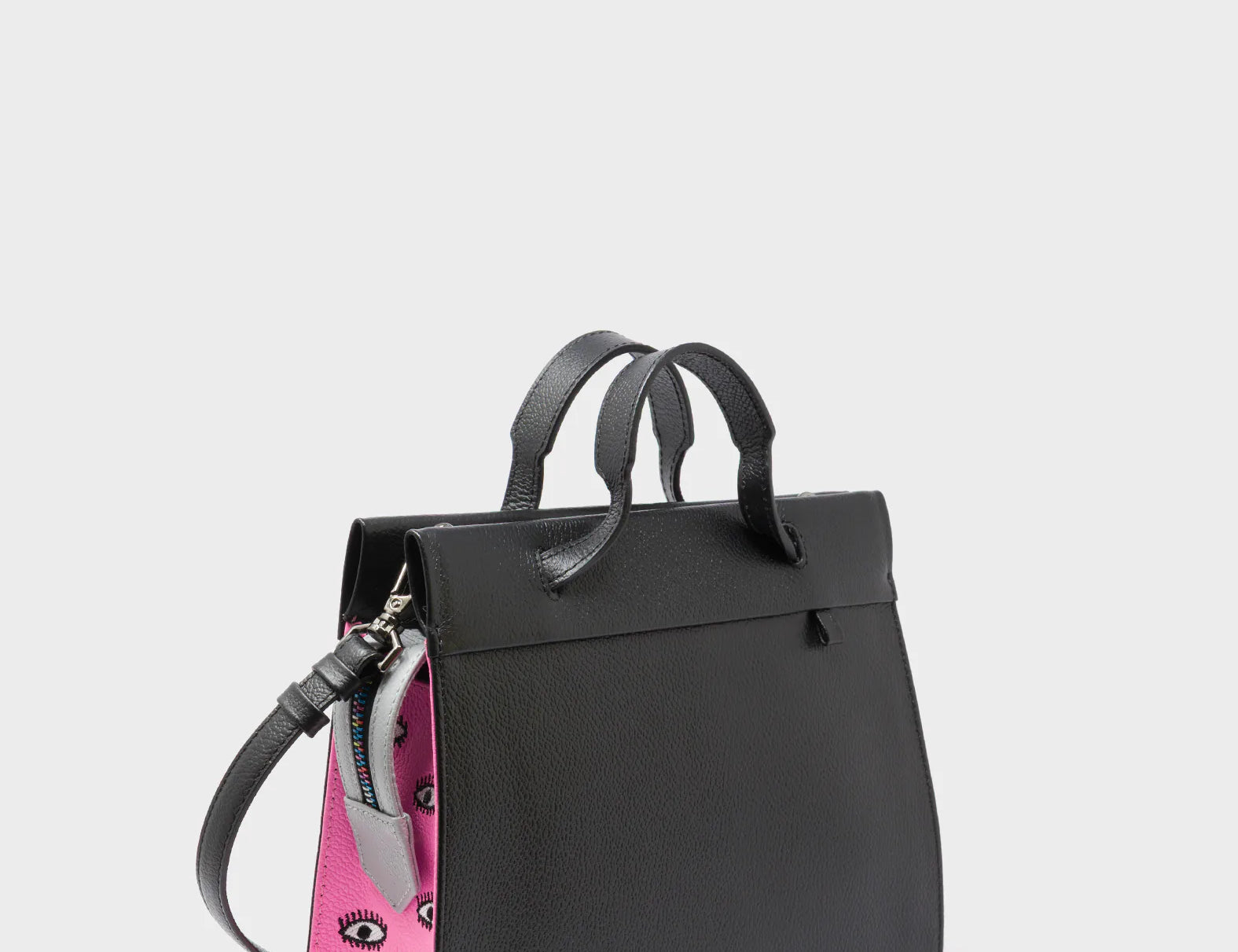 Vali Crossbody Small Black and Bubblegum Pink Leather Bag - All Over Eyes Embroidery - Handles