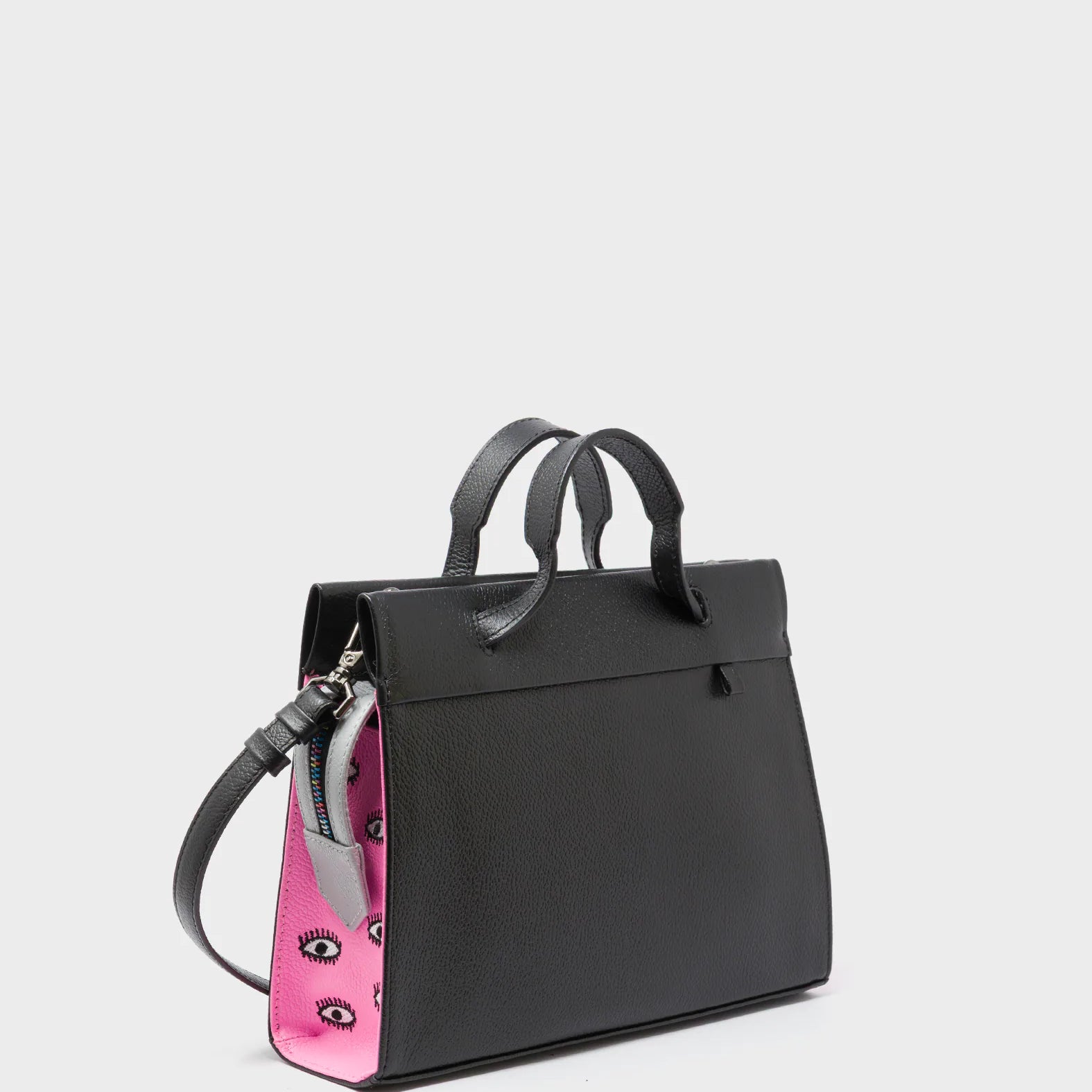 Vali Crossbody Small Black and Bubblegum Pink Leather Bag - All Over Eyes Embroidery - Handles