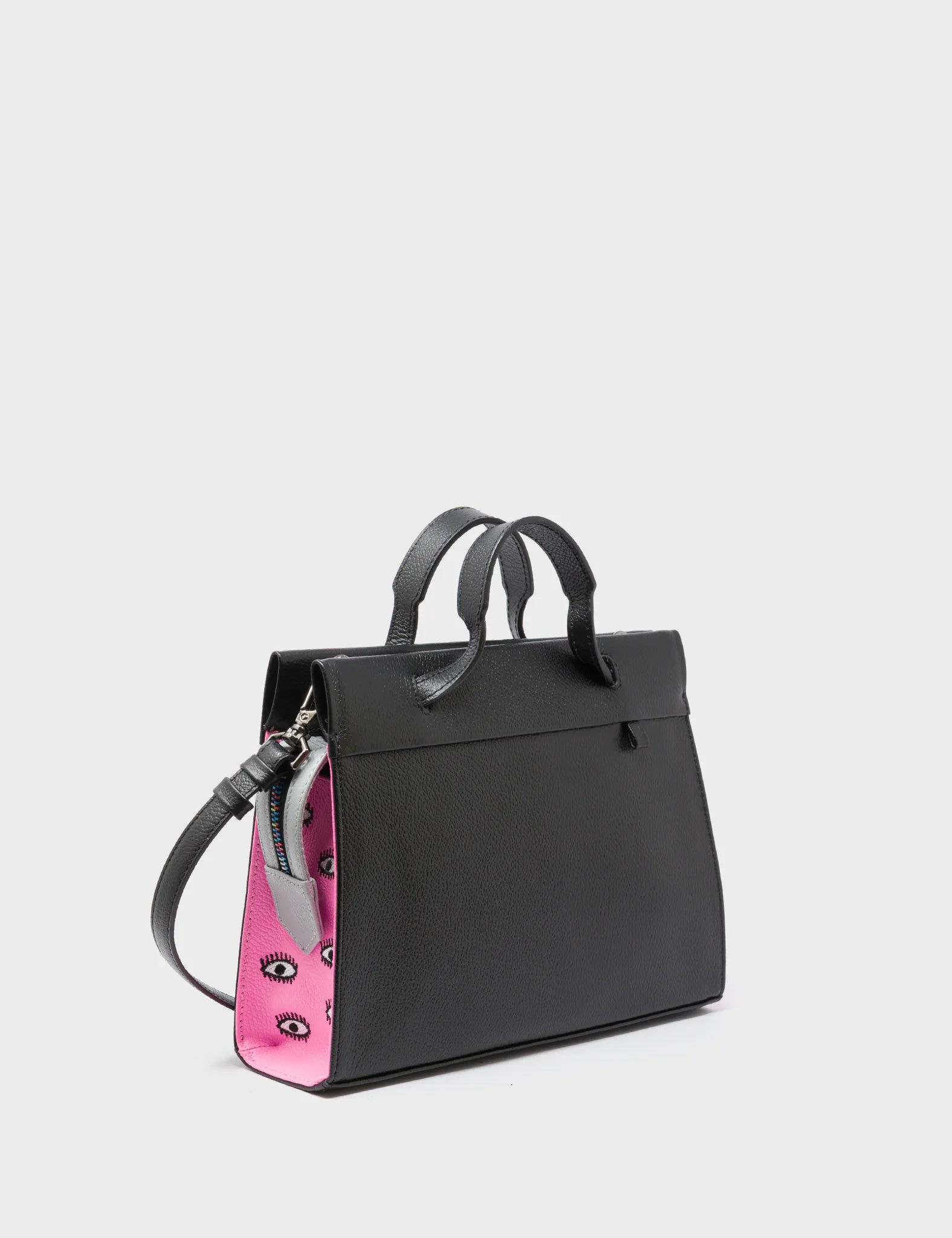 Vali Crossbody Small Black and Bubblegum Pink Leather Bag - All Over Eyes Embroidery - Handles