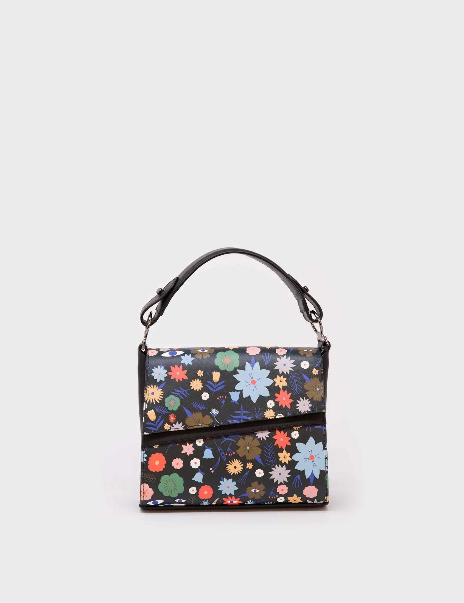 Micro Crossbody Handbag Black Leather -Flower Patter Print  - front