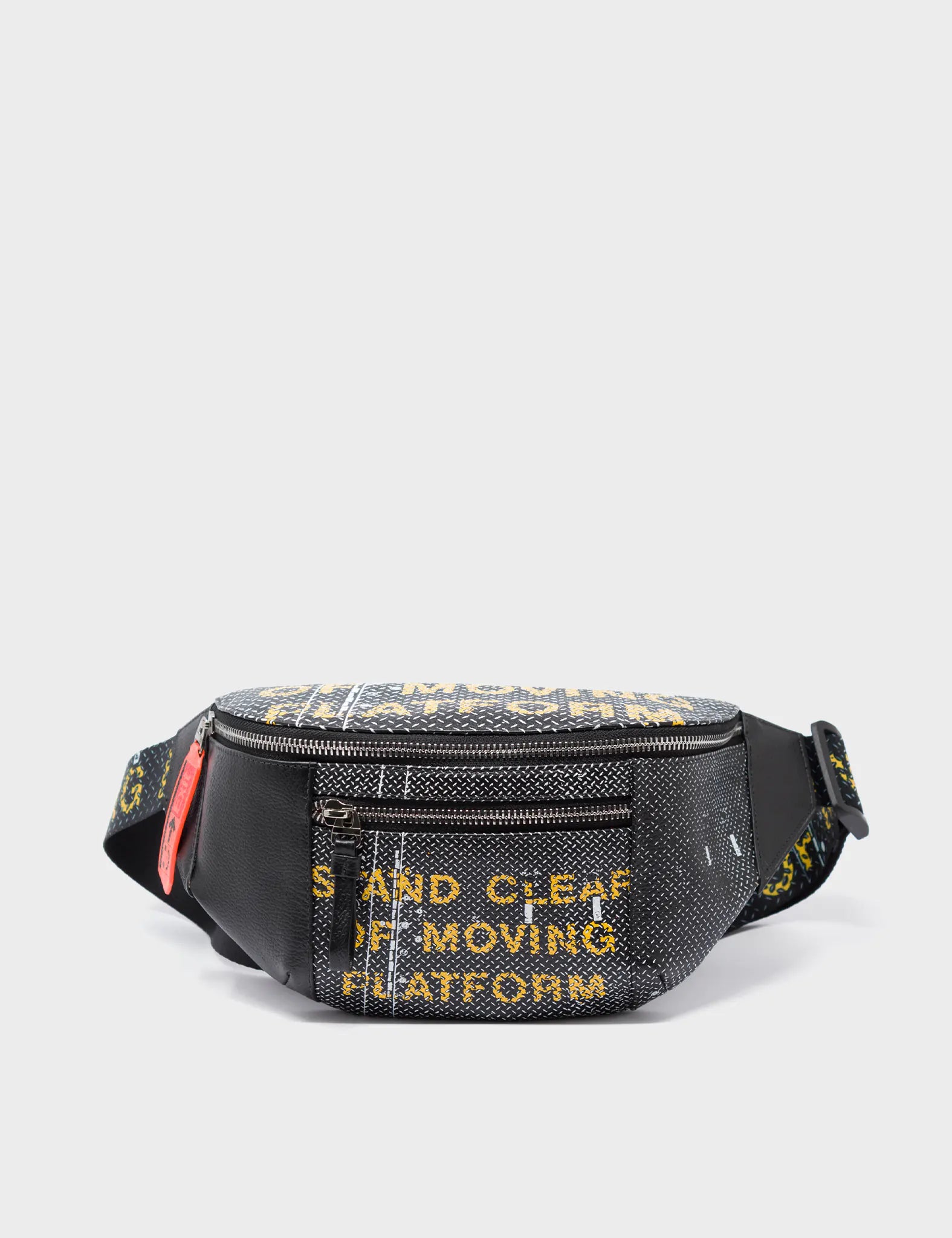 Harold Fanny Pack Black Leather - Metal Platform Design - Front View