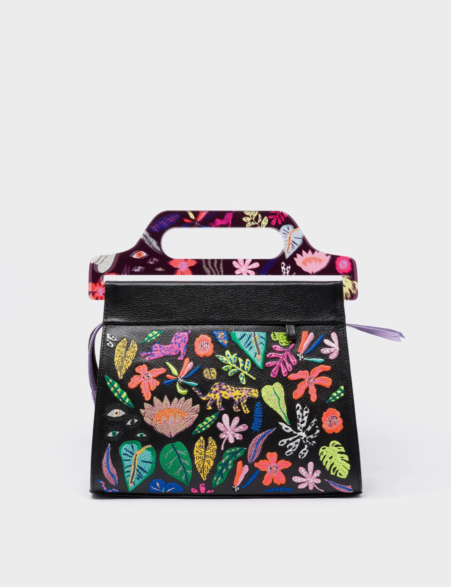 Vali Black Leather Crossbody Handbag Plastic Handle - El Trópico Embroidery - Front View