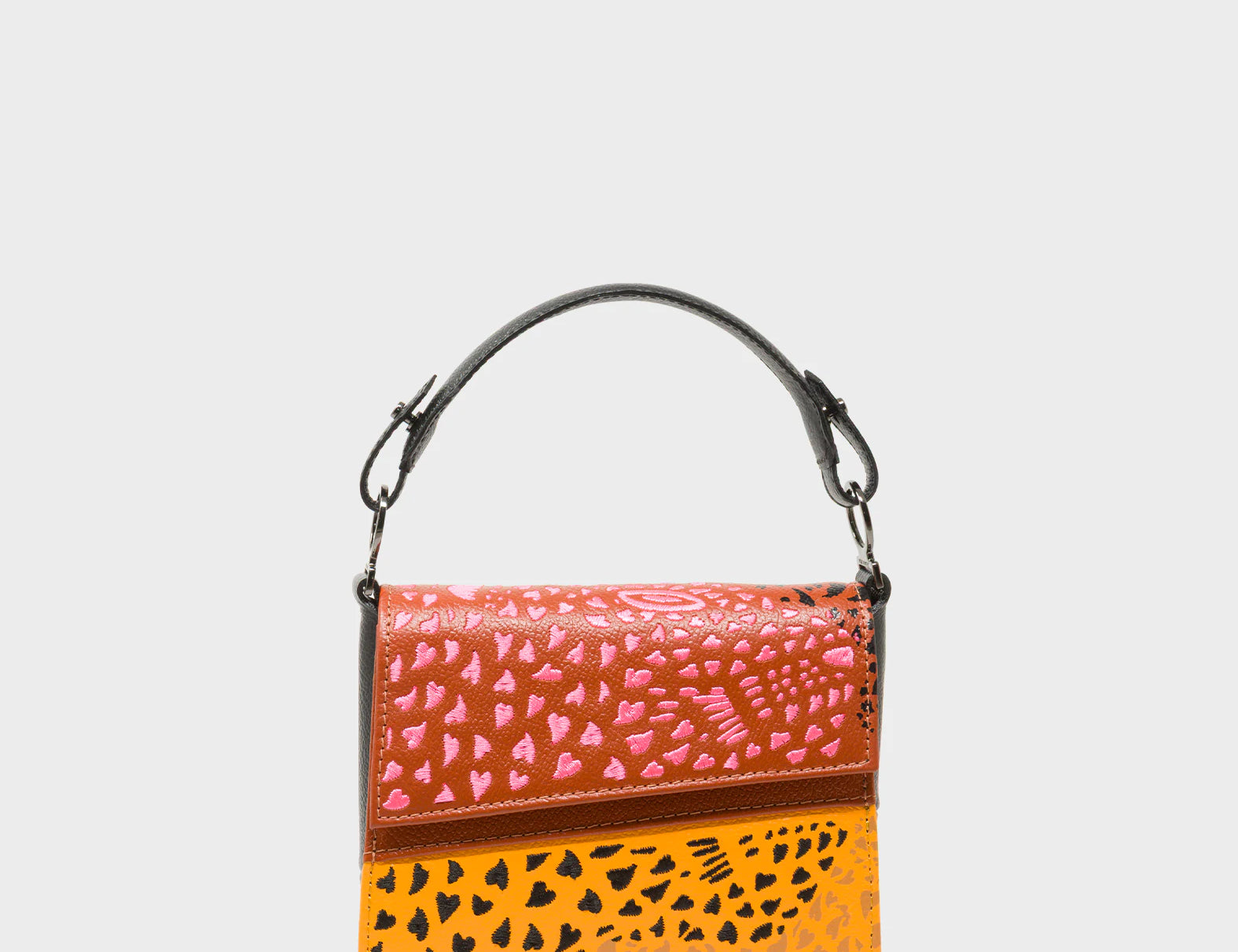 Anastasio Micro Crossbody Handbag Baked City Brown and Flamingo Orange Leather - Retro Tiger Design - Front View