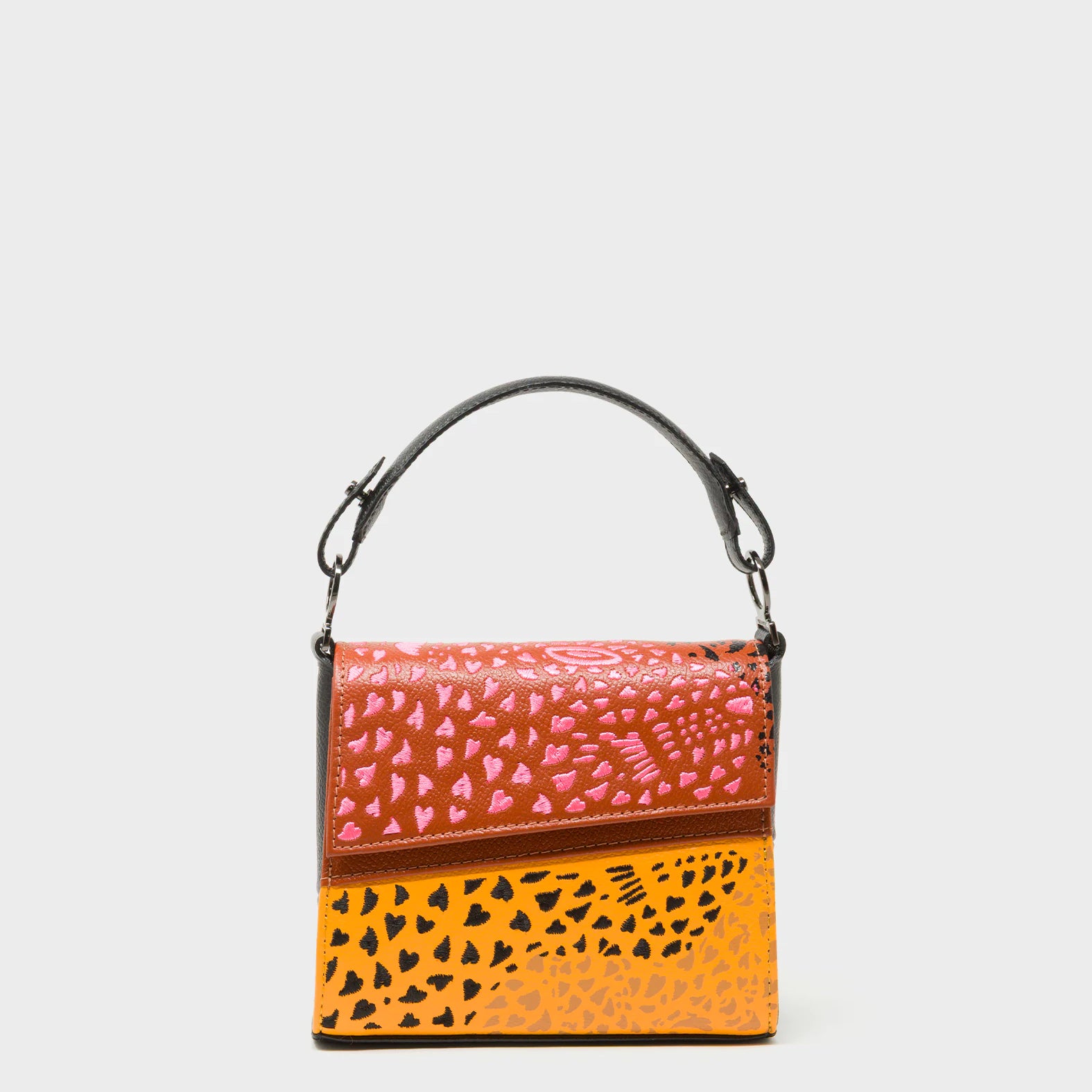 Anastasio Micro Crossbody Handbag Baked City Brown and Flamingo Orange Leather - Retro Tiger Design - Front View