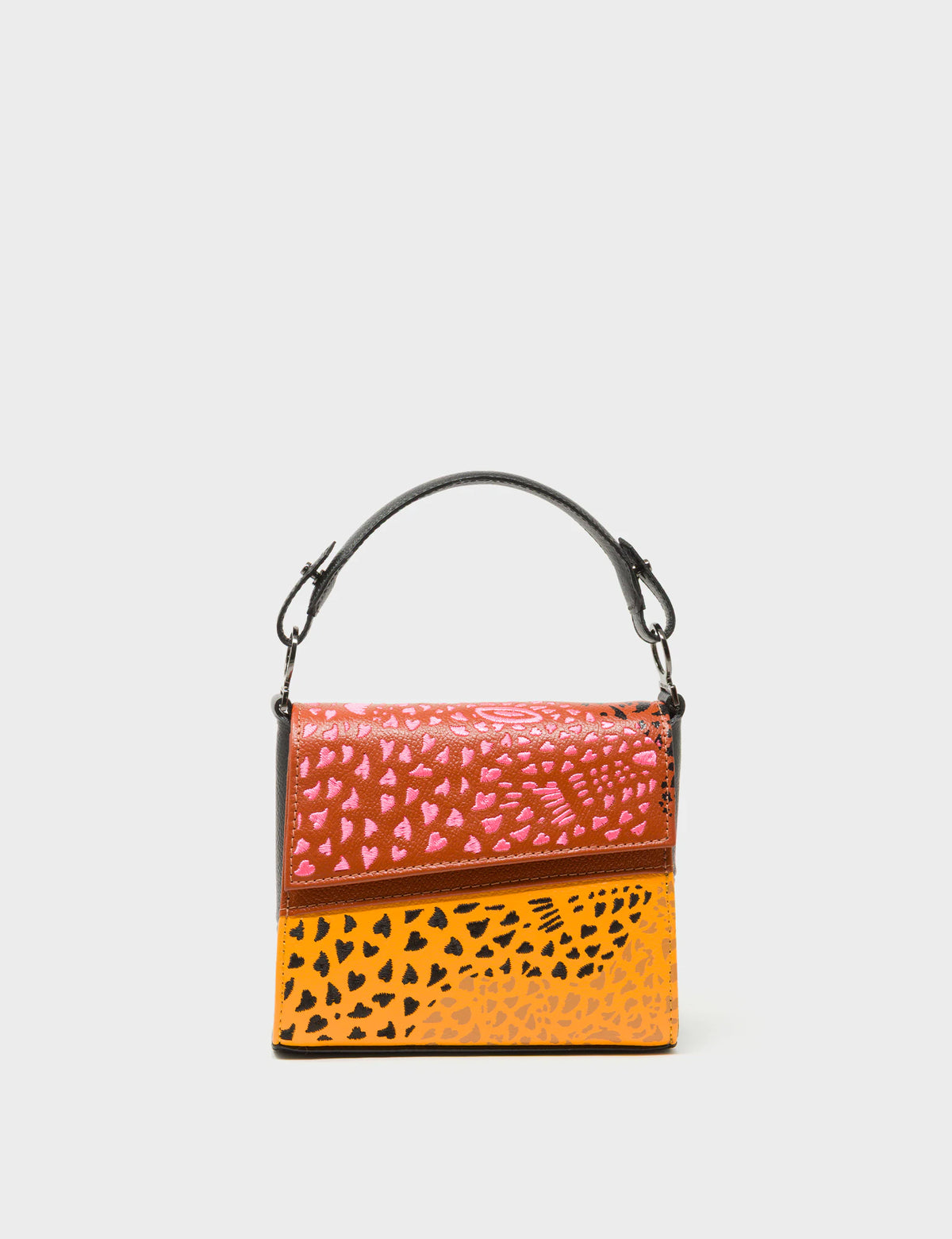 Anastasio Micro Crossbody Handbag Baked City Brown and Flamingo Orange Leather - Retro Tiger Design - Front View
