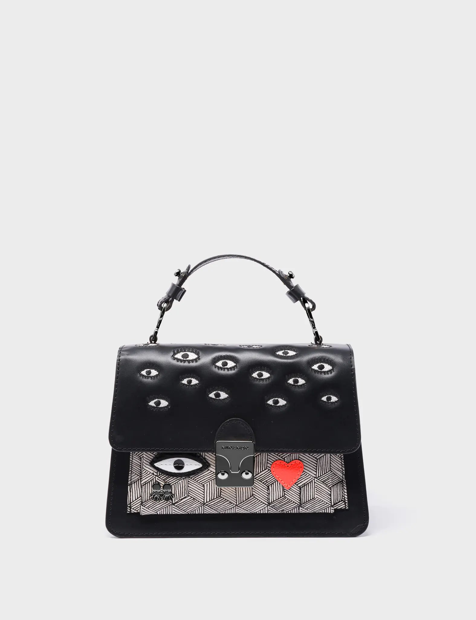 Silas Black Small Leather Crossbody Bag - Eyes Embroidery - Front View