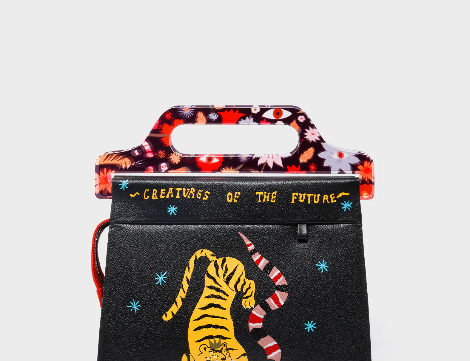 Vali Black Leather Crossbody Handbag Plastic Handle - Tiger And Snake Print - Front View
