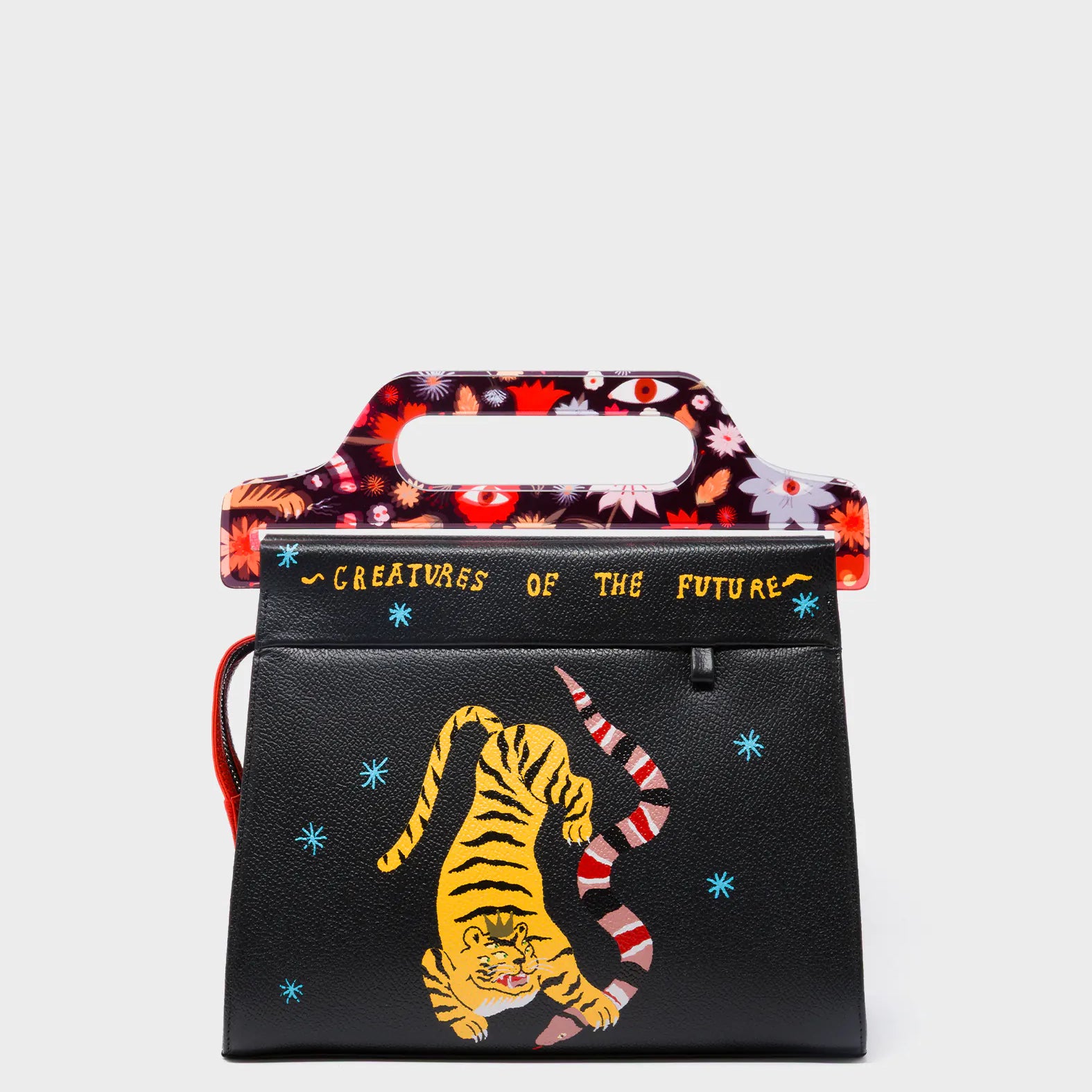 Vali Black Leather Crossbody Handbag Plastic Handle - Tiger And Snake Print - Front View