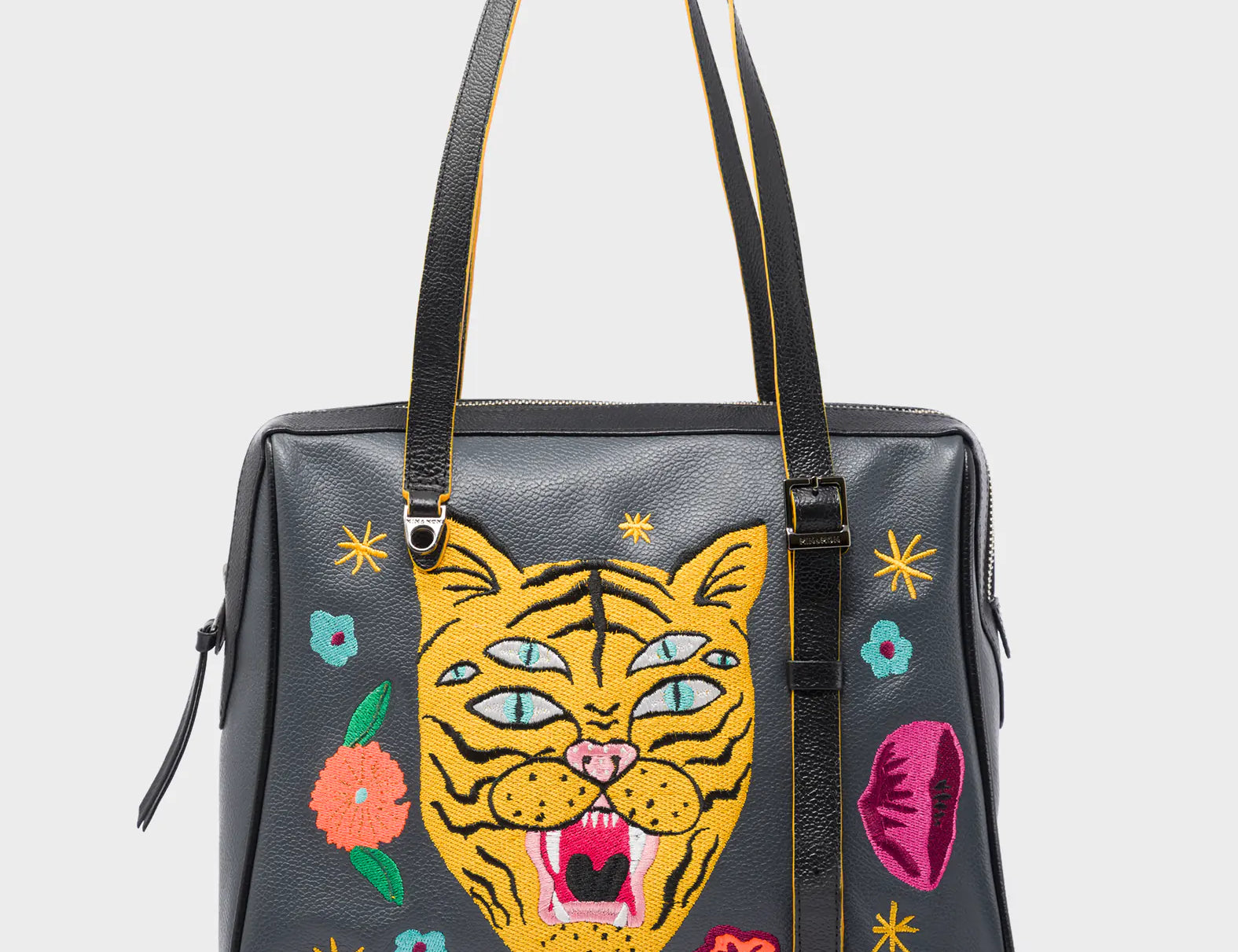 Esther Stormy Gray Satchel Bag - Happy Tiger Embroidery - Front View