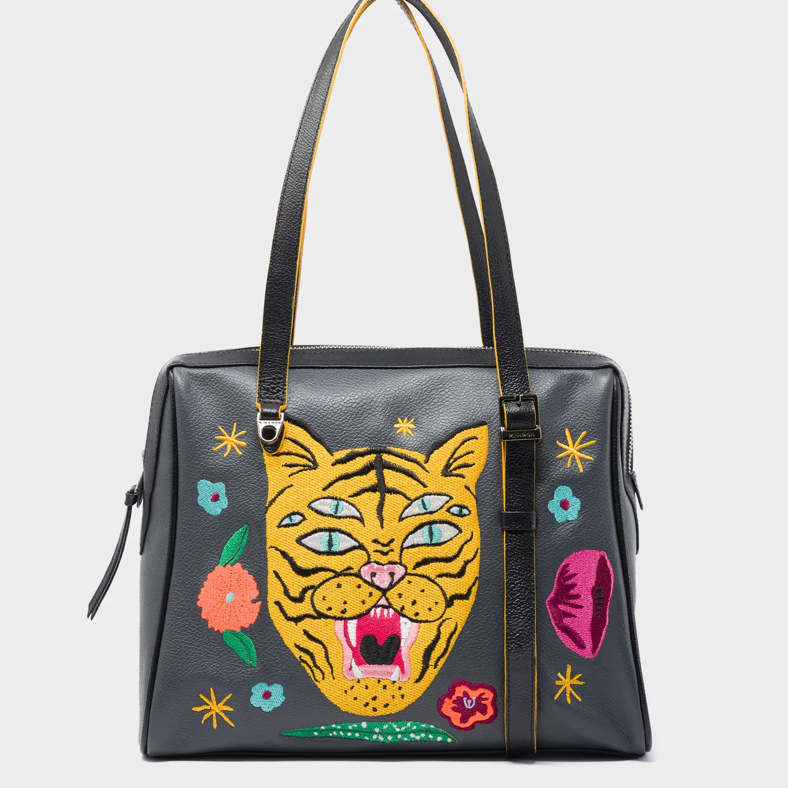 Esther Stormy Gray Satchel Bag - Happy Tiger Embroidery - Front View