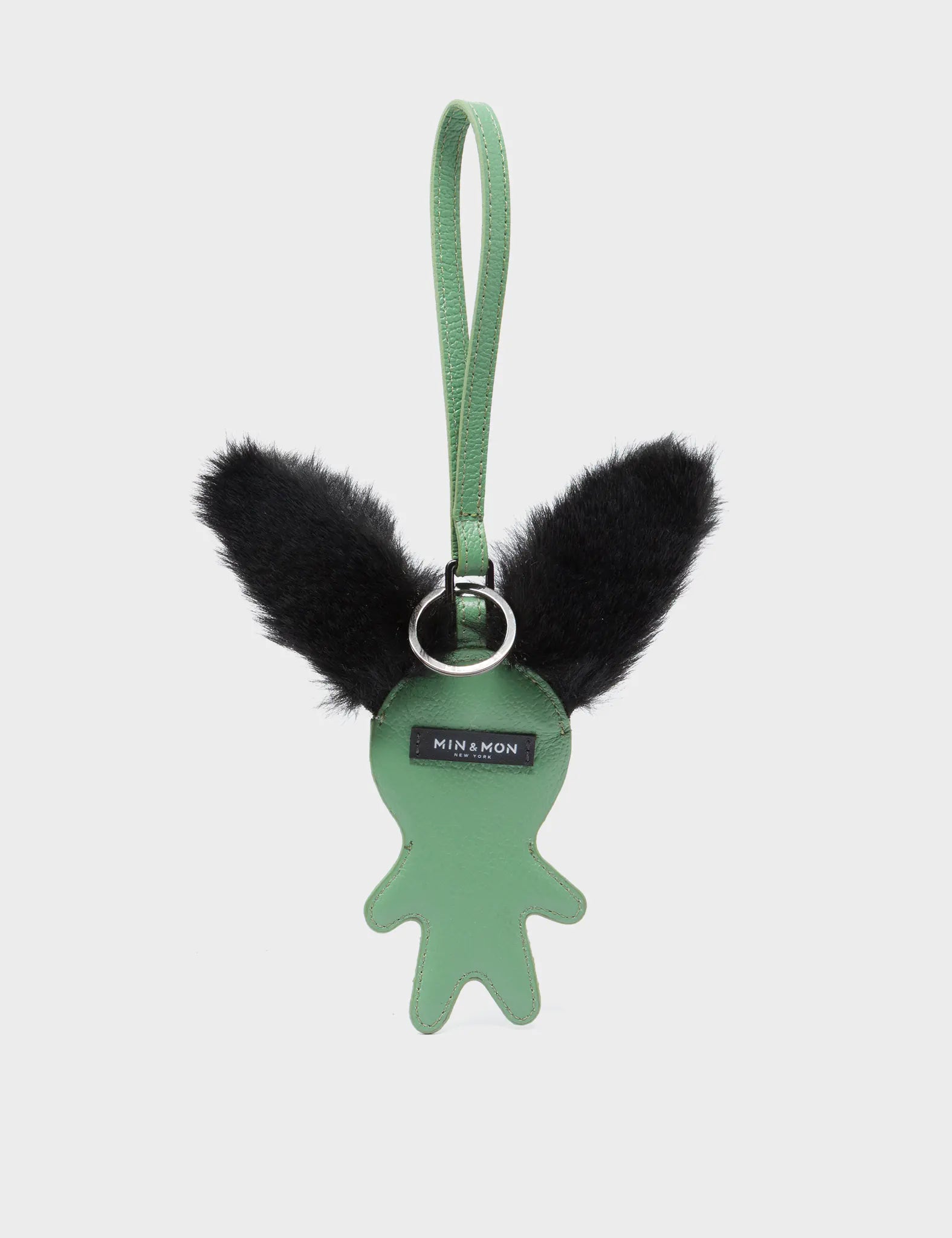 Fluffy Fella Charm - Black and Basil Green Leather Bag Charm - Back