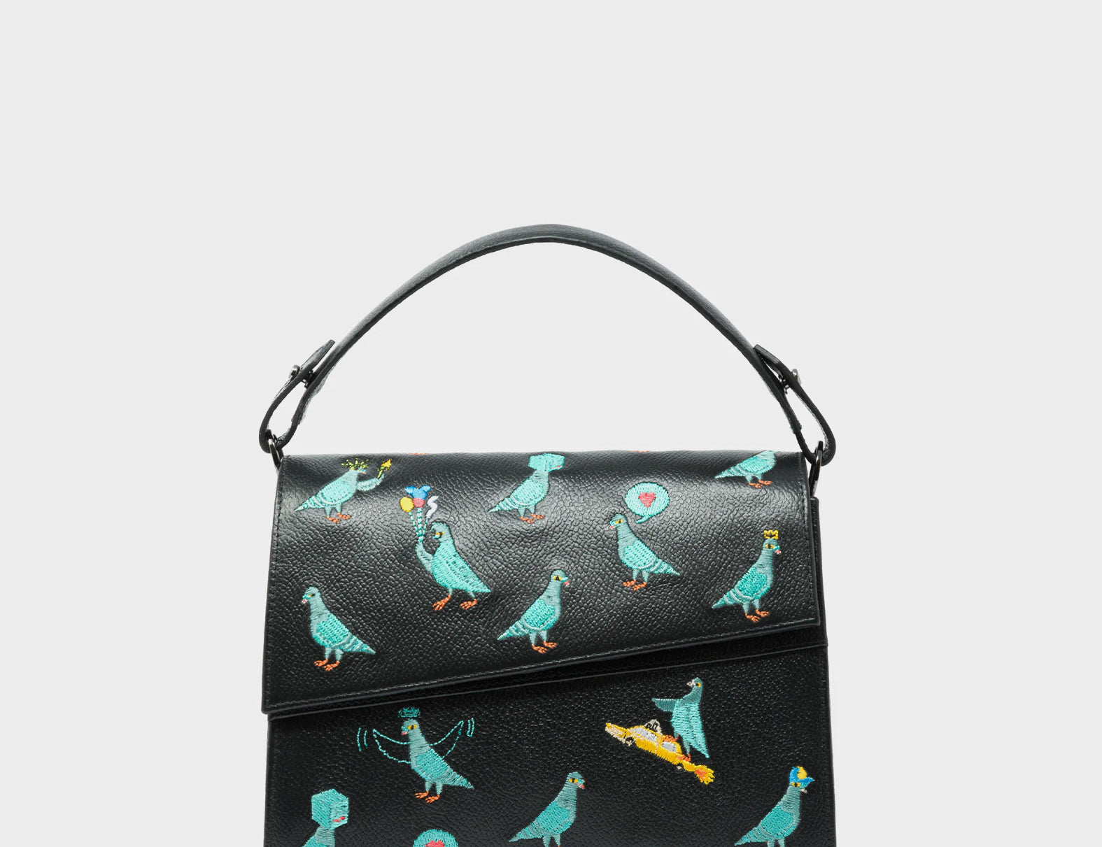 Anastasio Mini Crossbody Handbag Black Leather - Pigeonzilla Embroidery - Front View