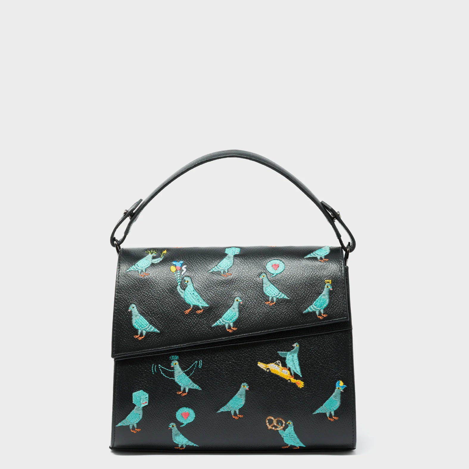 Anastasio Mini Crossbody Handbag Black Leather - Pigeonzilla Embroidery - Front View