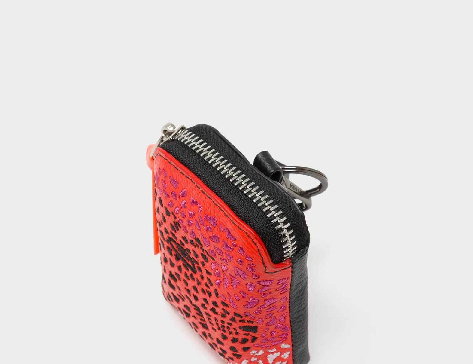 Florence Pouch Charm - Fiesta Red Leather Keychain Retro Tiger Embroidery - Side view
