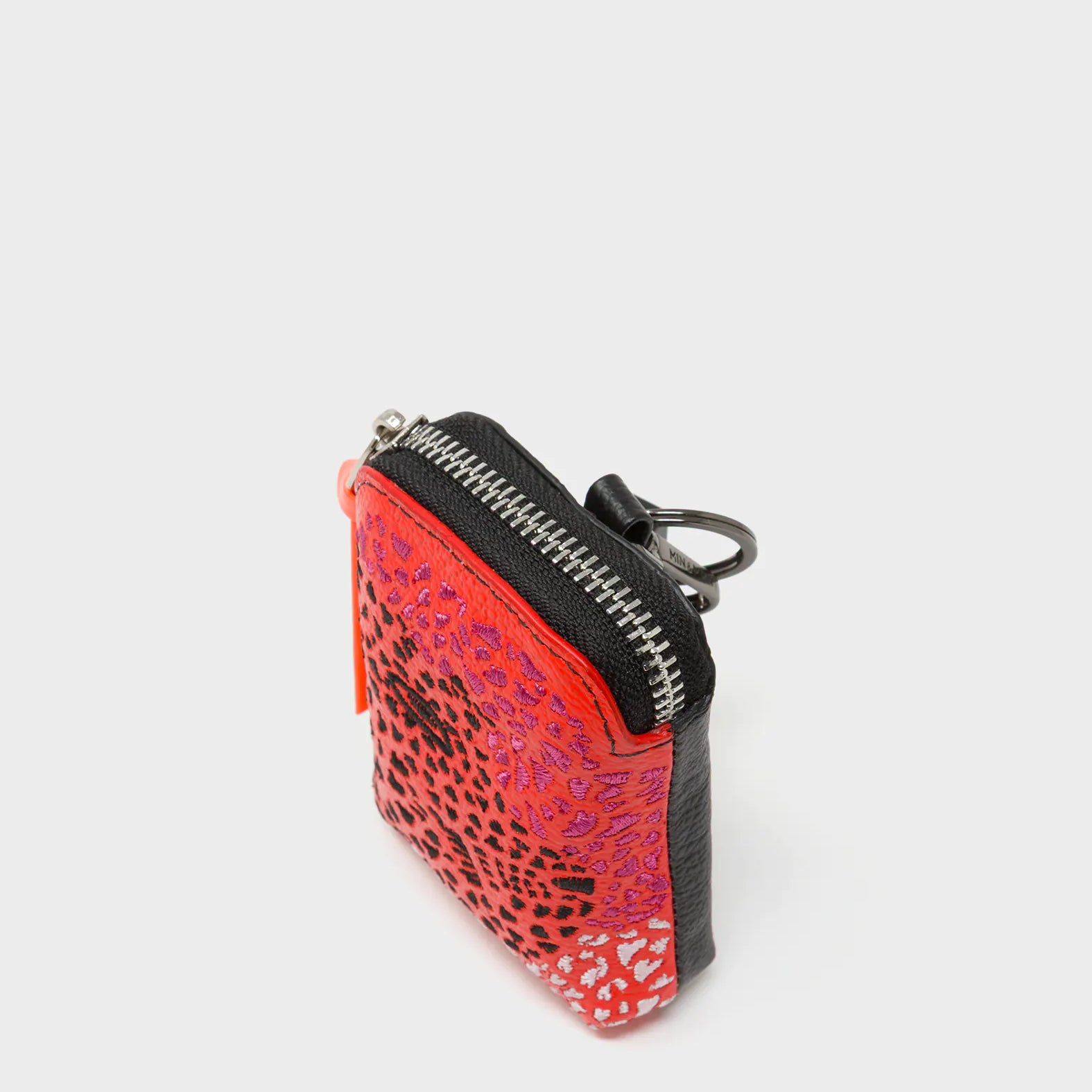 Florence Pouch Charm - Fiesta Red Leather Keychain Retro Tiger Embroidery - Side view