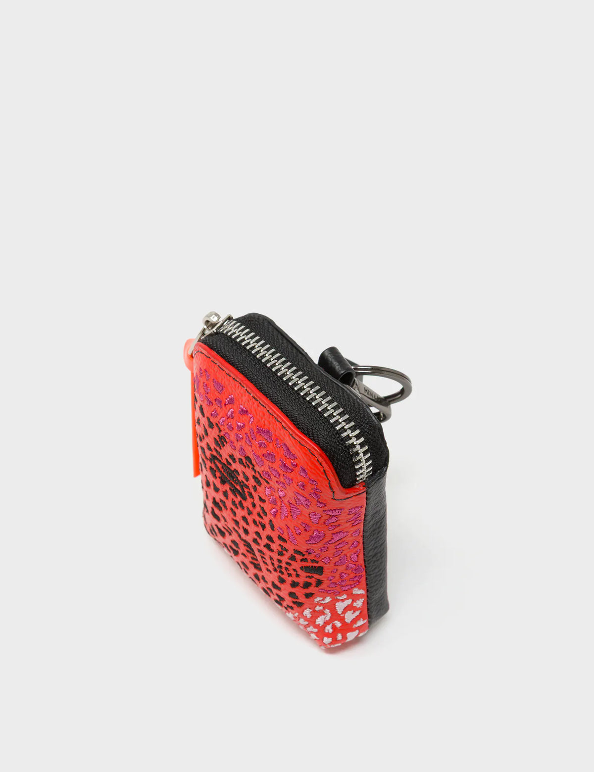 Florence Pouch Charm - Fiesta Red Leather Keychain Retro Tiger Embroidery - Side view