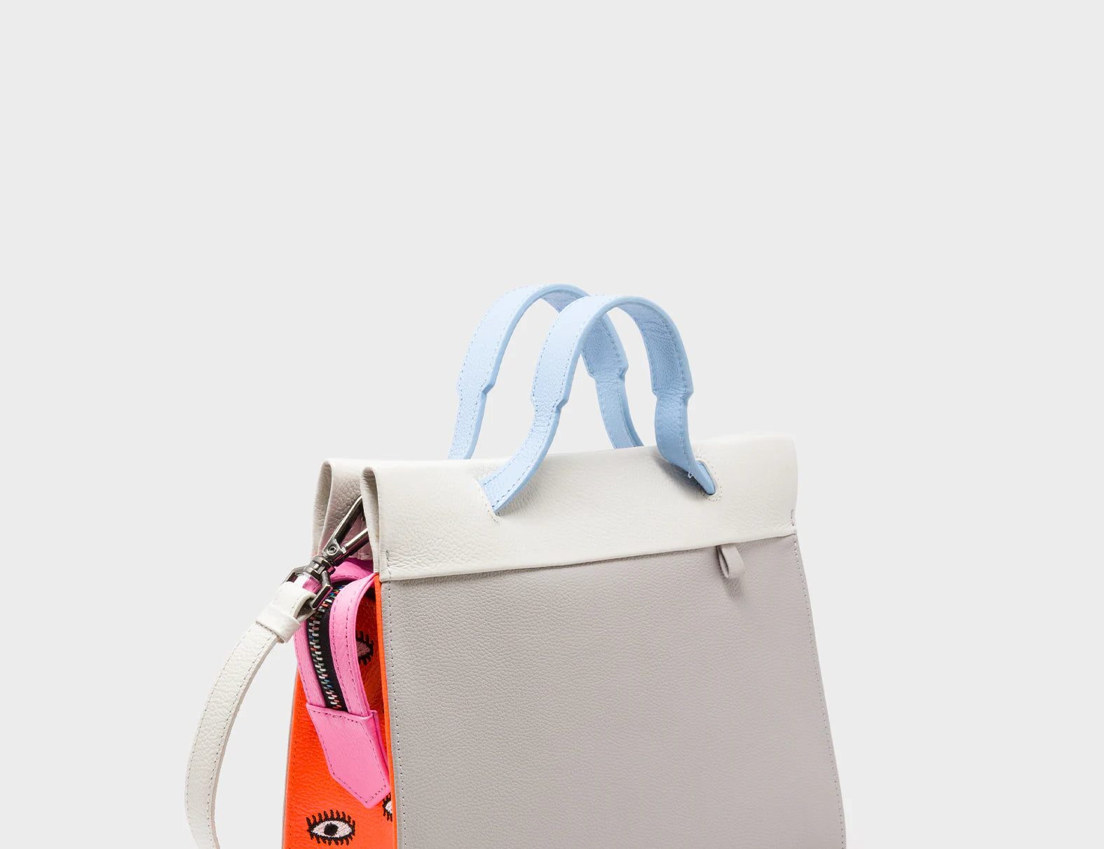 Vali Crossbody Small Gray Leather Bag - All Over Eyes Embroidery - Handles View