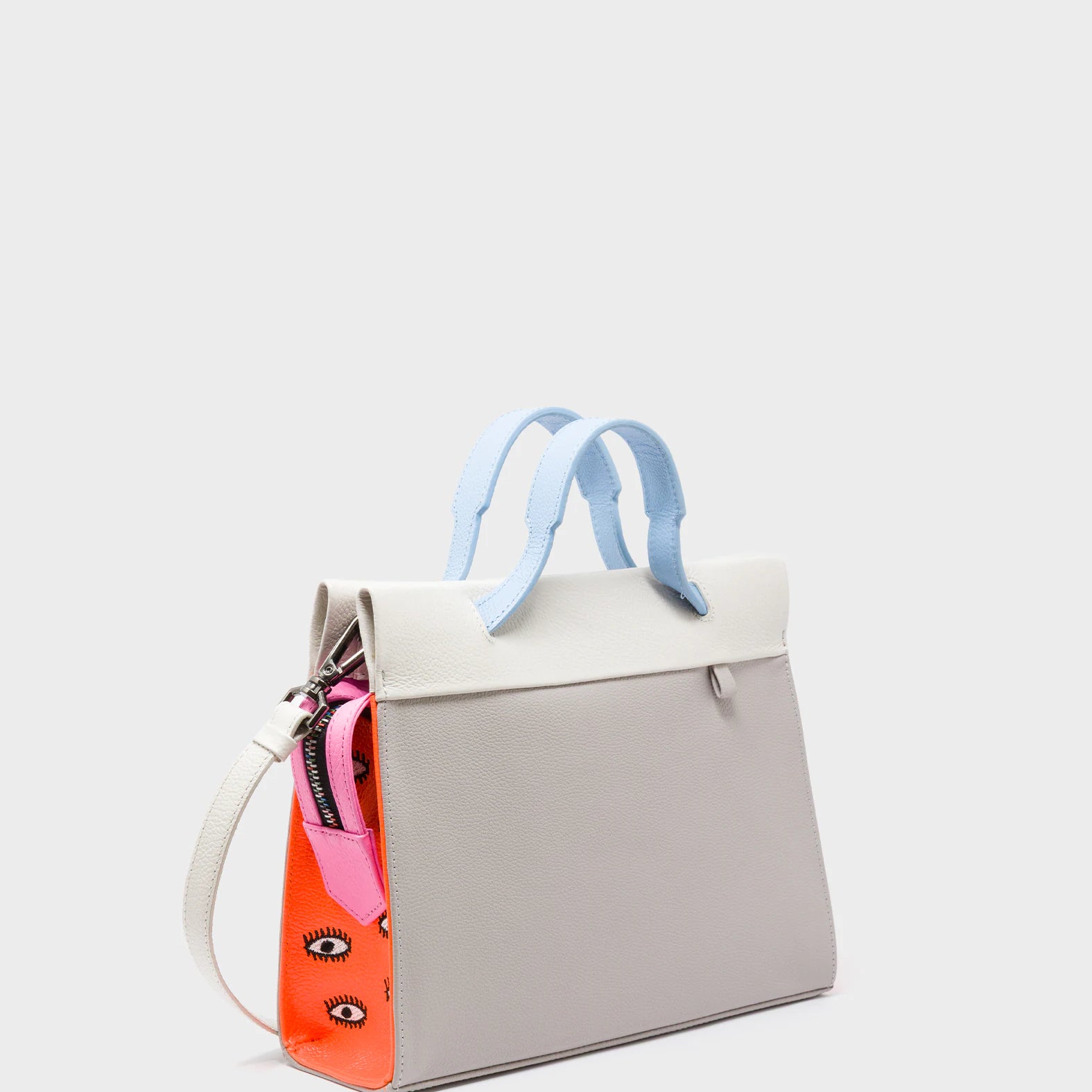 Vali Crossbody Small Gray Leather Bag - All Over Eyes Embroidery - Handles View