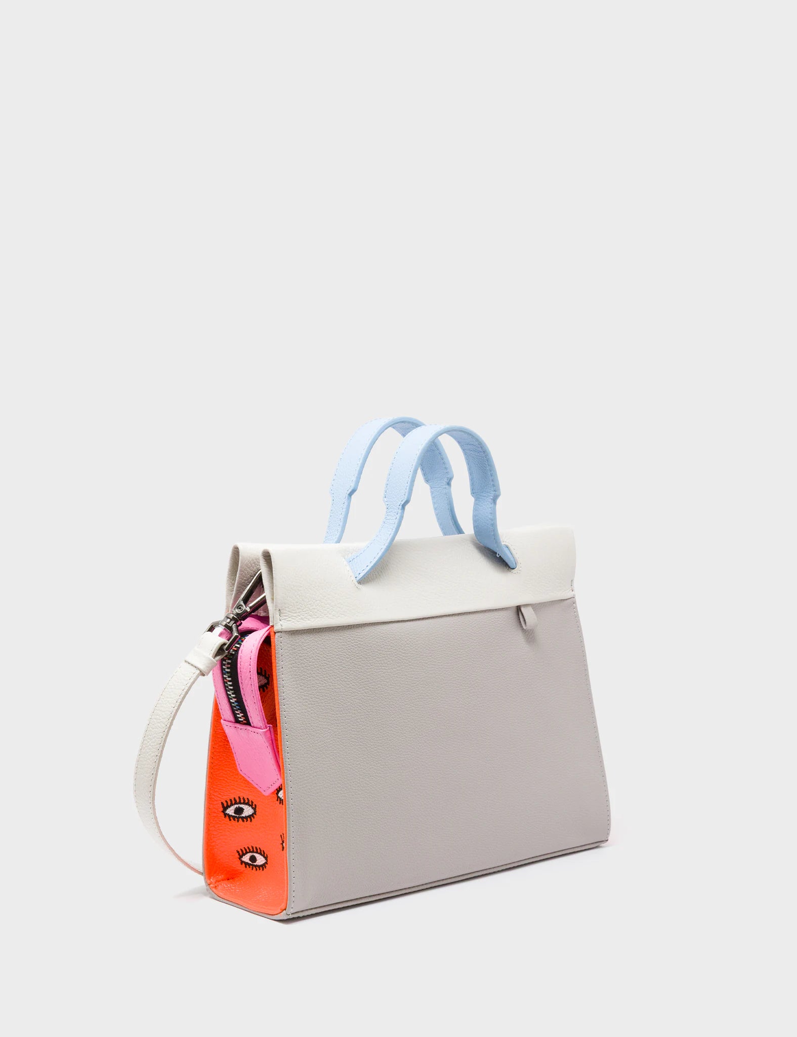 Vali Crossbody Small Gray Leather Bag - All Over Eyes Embroidery - Handles View