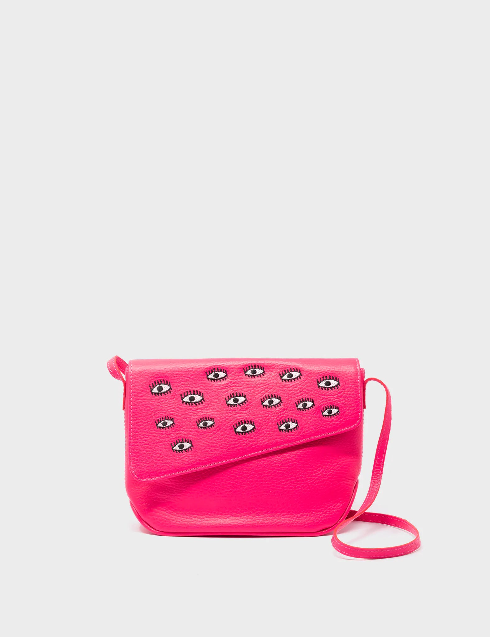 Bruno Mini Crossbody Neon Pink Leather Bag - All Over Eyes Embroidery - Front View