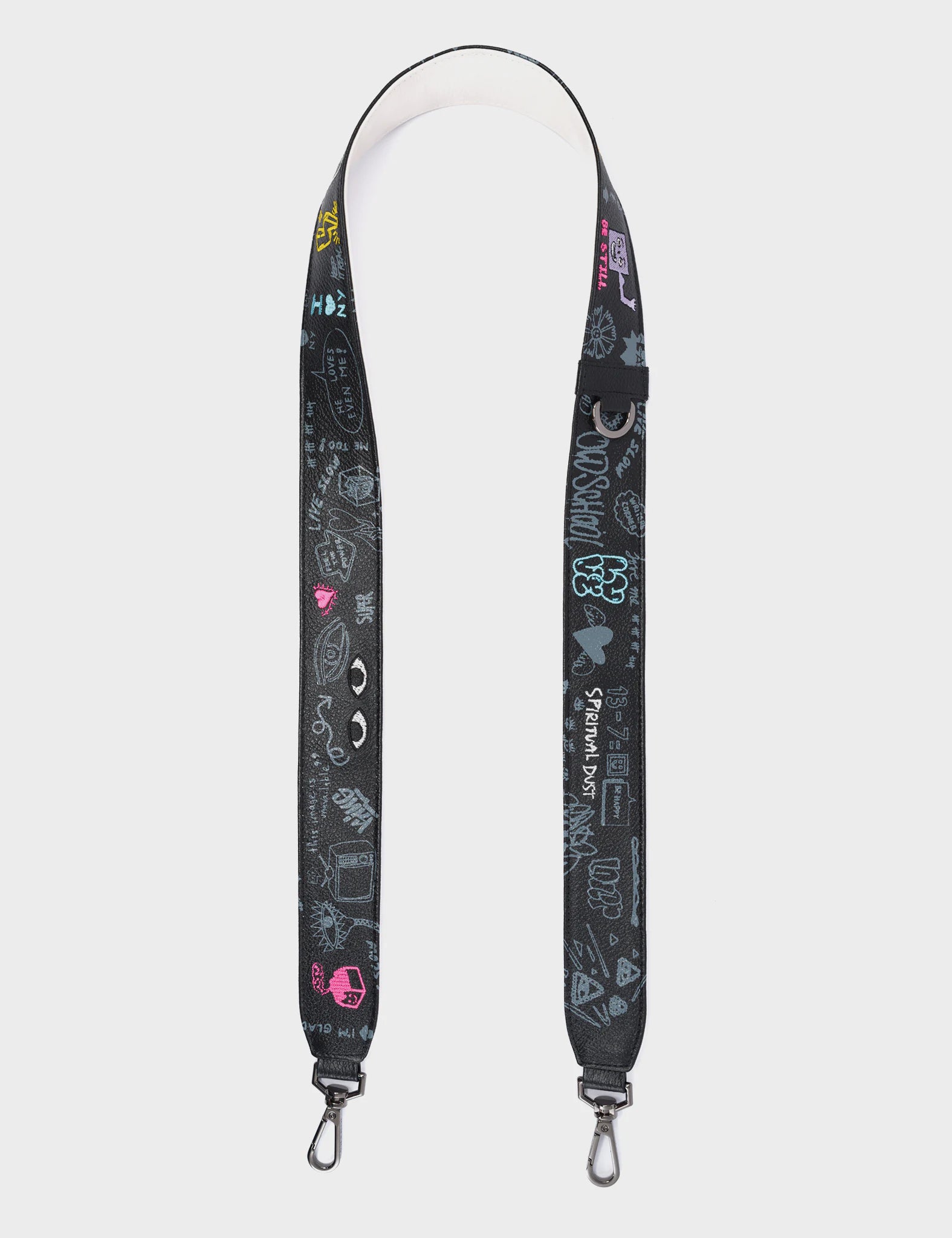 Detachable Black Leather Shoulder Strap - Urban Doodles Print - Front View