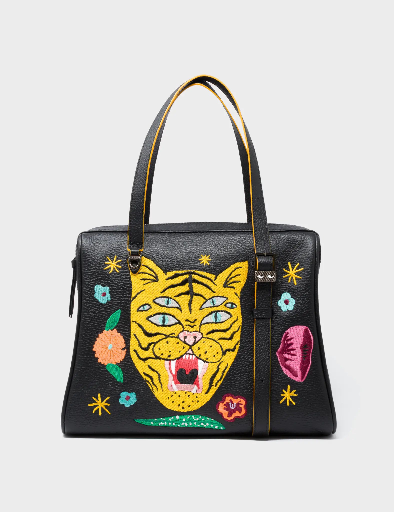 Esther Black Satchel Bag - Tiger and Flowers Embroidery - Front View