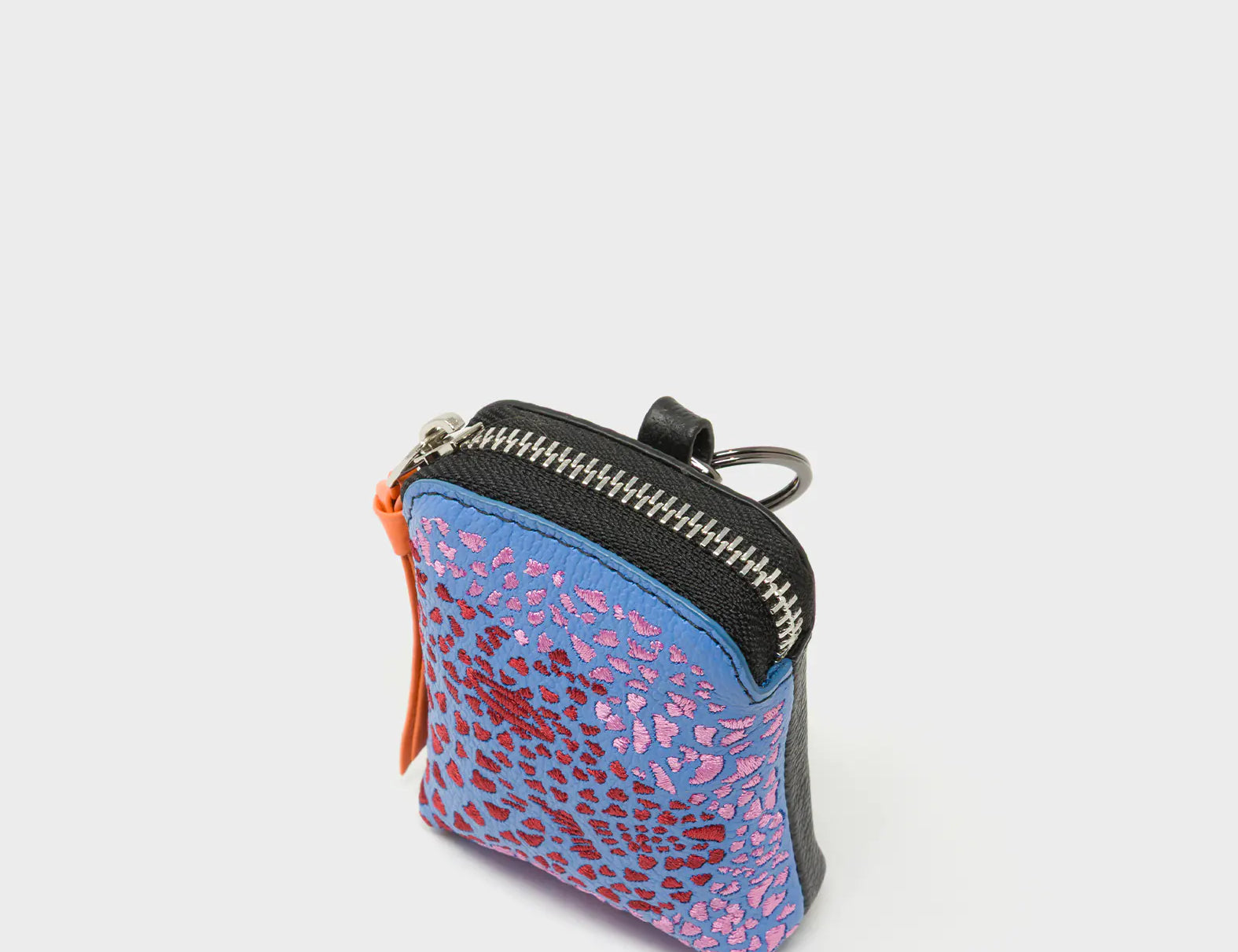 Florence Pouch Charm - Vista Blue Leather Keychain Retro Tiger Embroidery - Side View