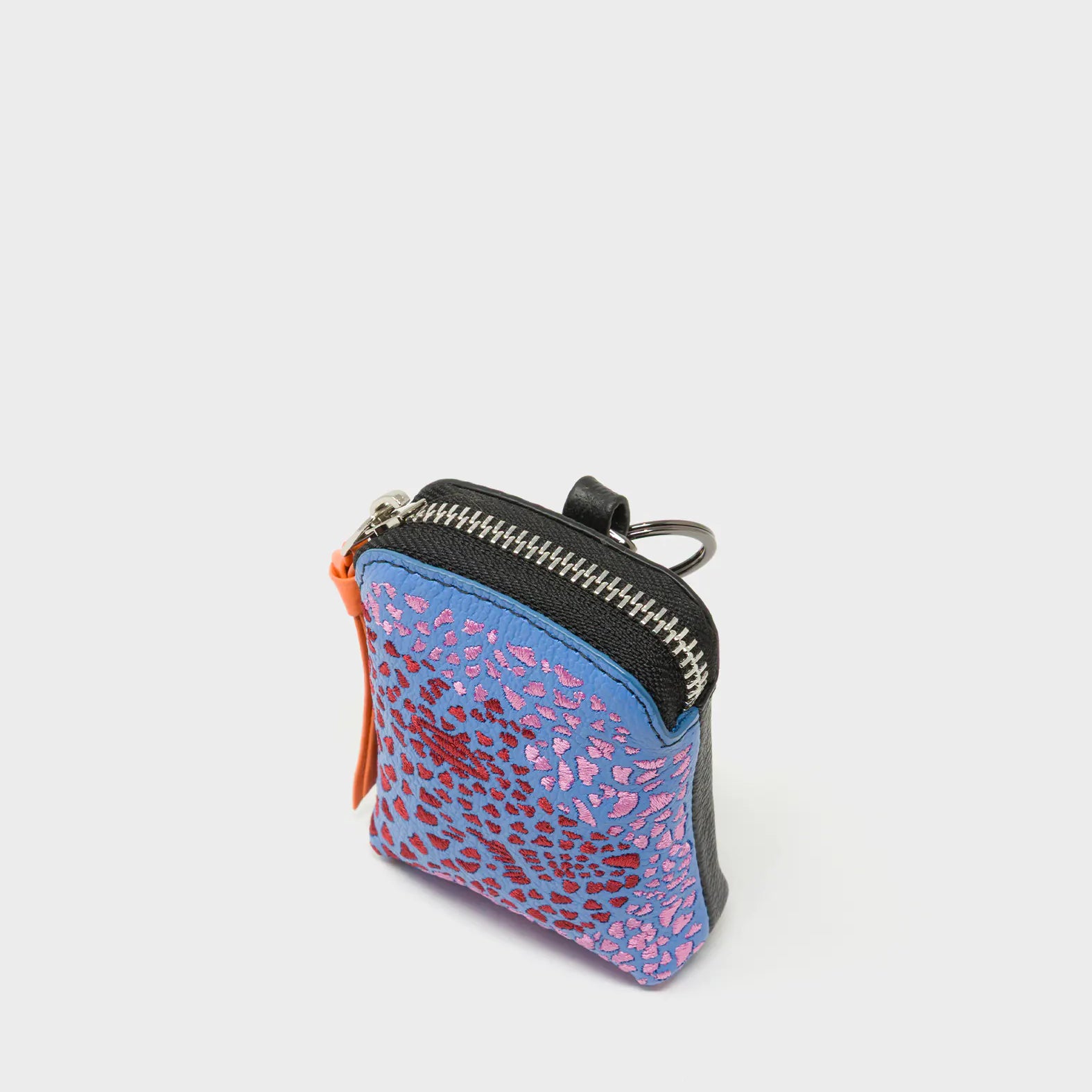 Florence Pouch Charm - Vista Blue Leather Keychain Retro Tiger Embroidery - Side View
