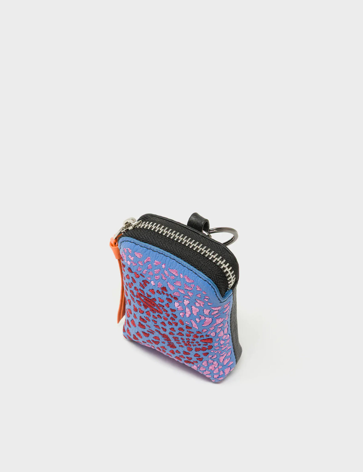 Florence Pouch Charm - Vista Blue Leather Keychain Retro Tiger Embroidery - Side View