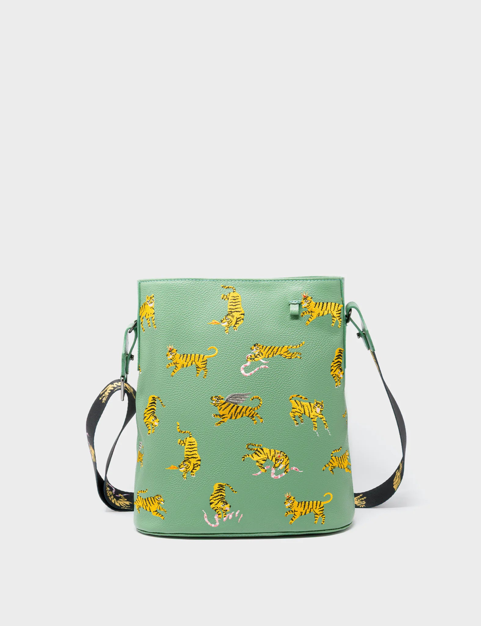 Vincent Basil Green Leather Shoulder Bag - Tigers Pattern - Front View