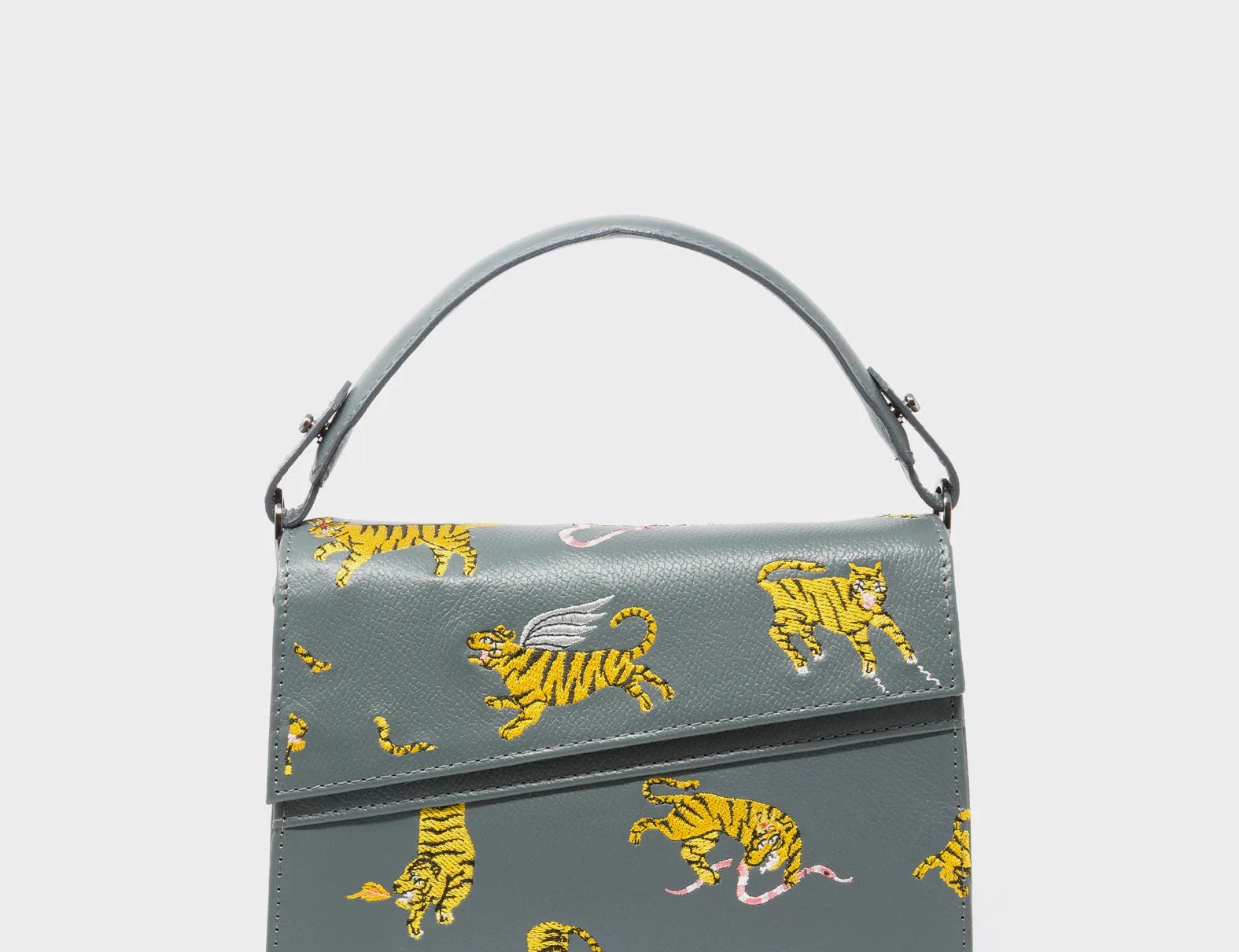 Anastasio Mini Crossbody Handbag Stormy Gray Leather - Tiger And Snake Print - Front